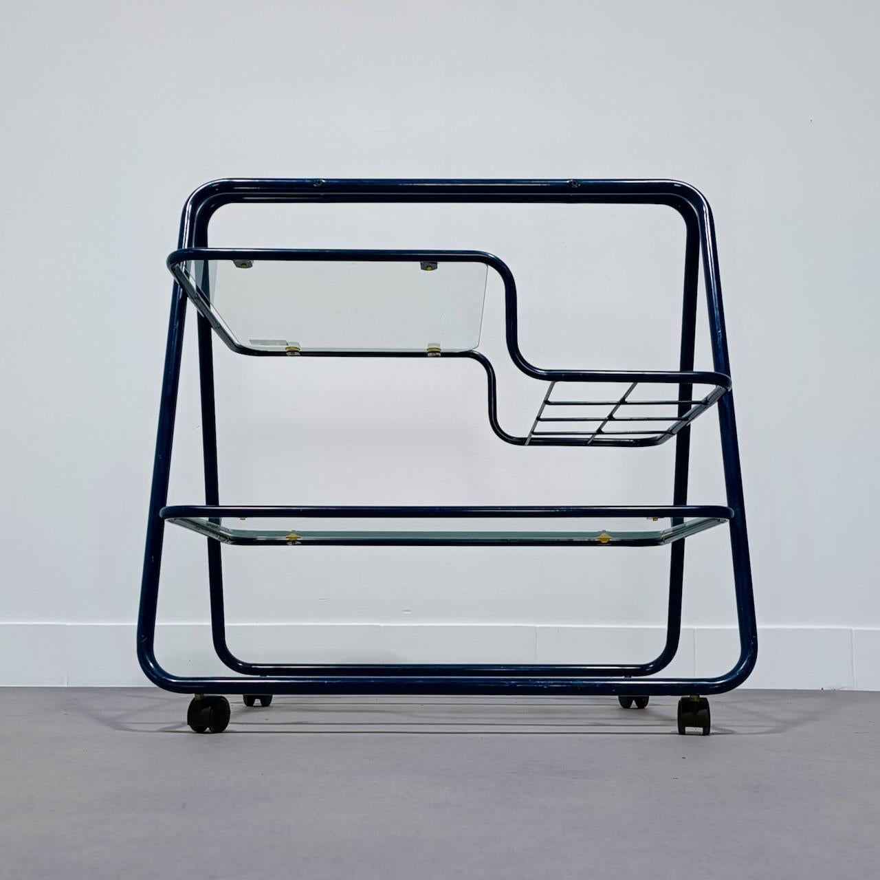 Post Modernism Pop Art style blue tubular bar cart In Good Condition For Sale In Zandhoven, BE