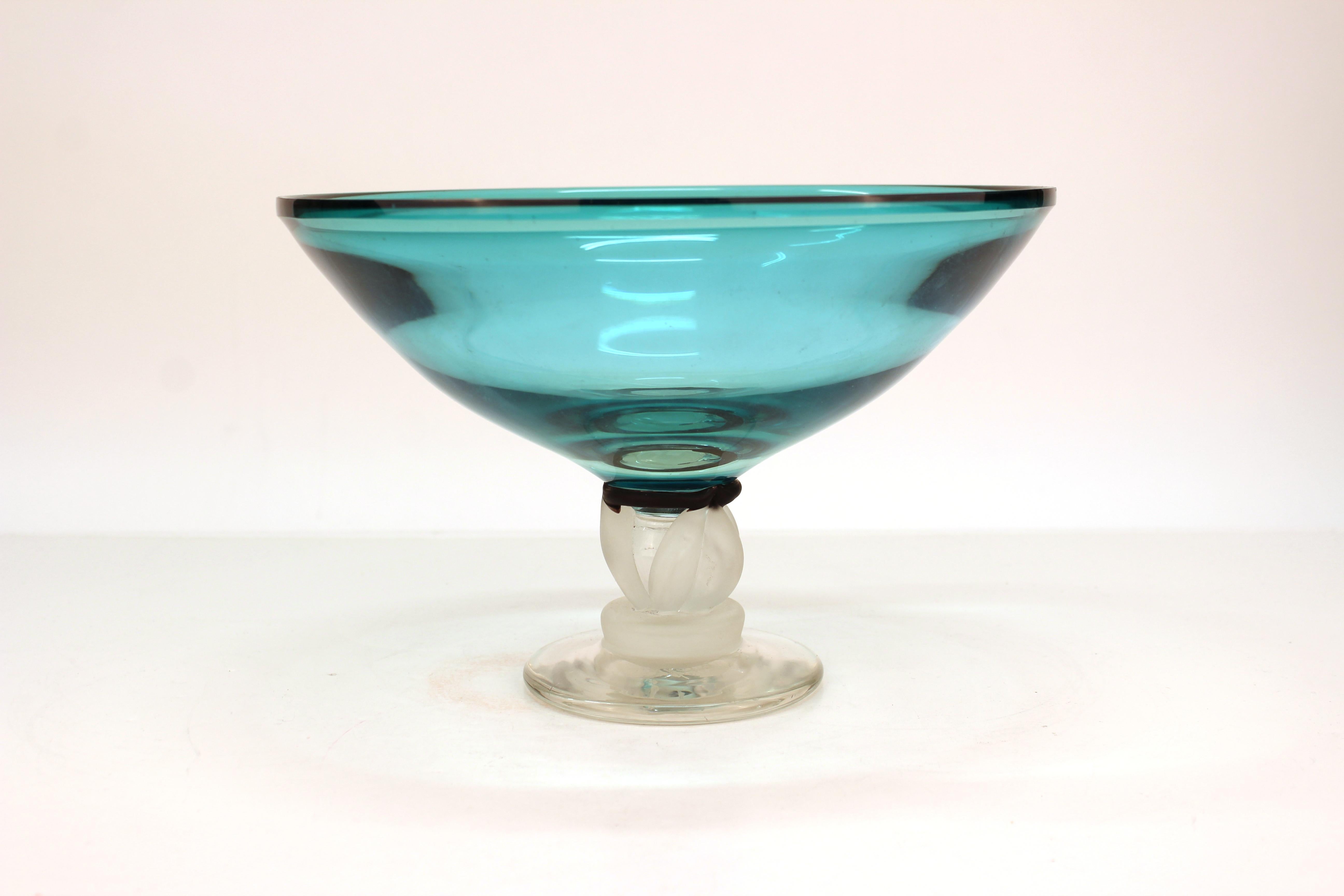 American Post-Modernist Art Glass Signed Compote in Turquoise