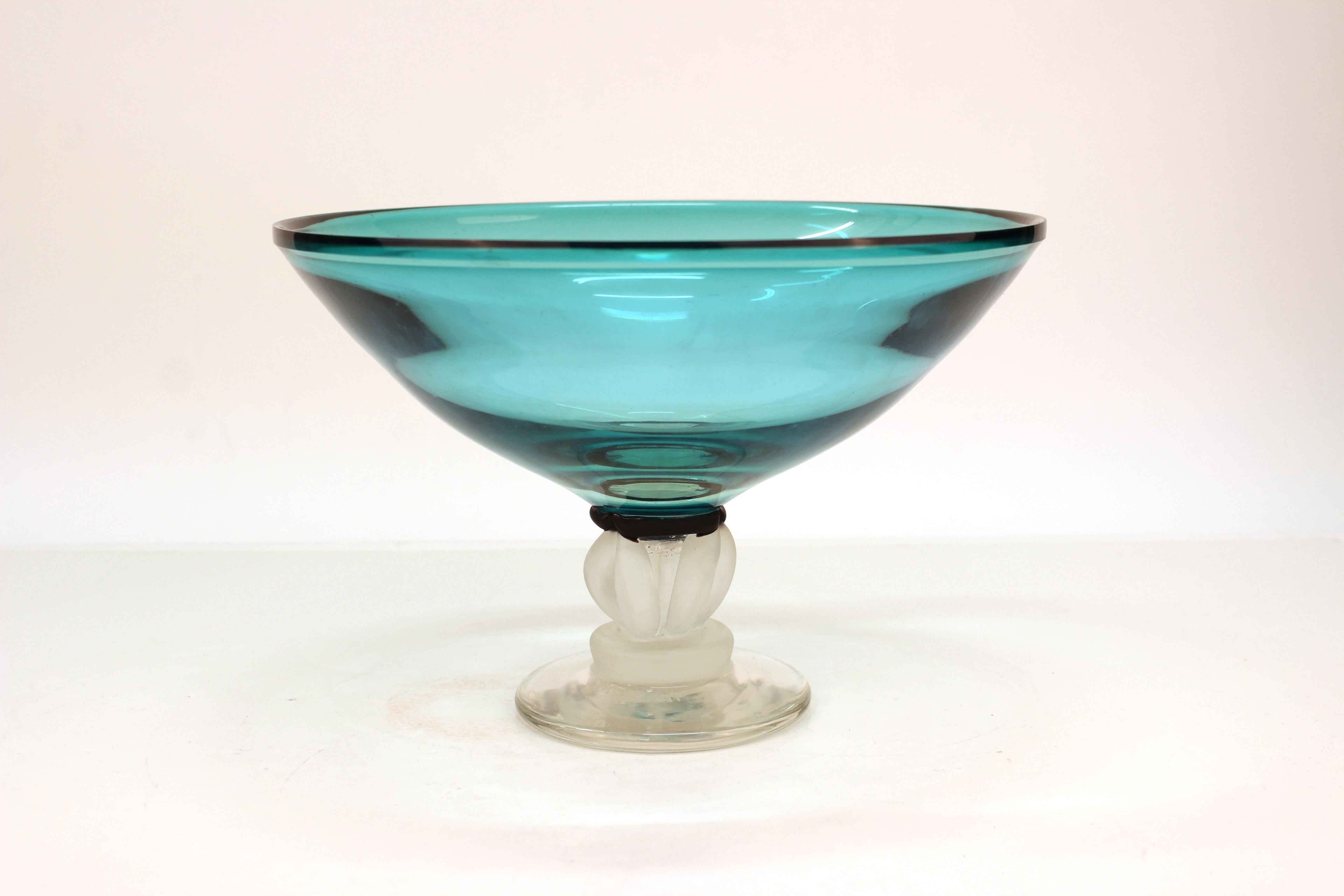 Post-Modernist Art Glass Signed Compote in Turquoise In Good Condition In New York, NY