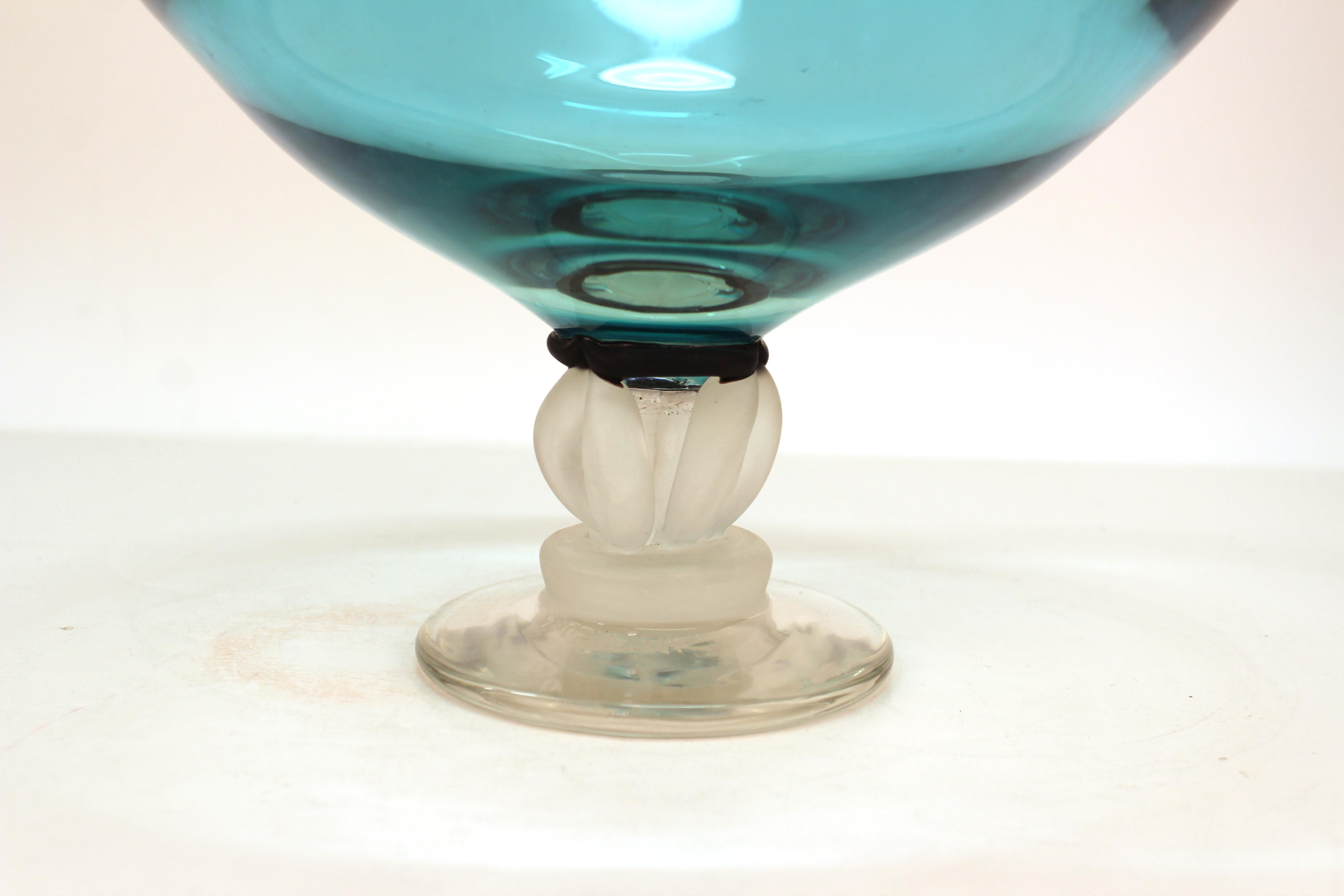 Late 20th Century Post-Modernist Art Glass Signed Compote in Turquoise