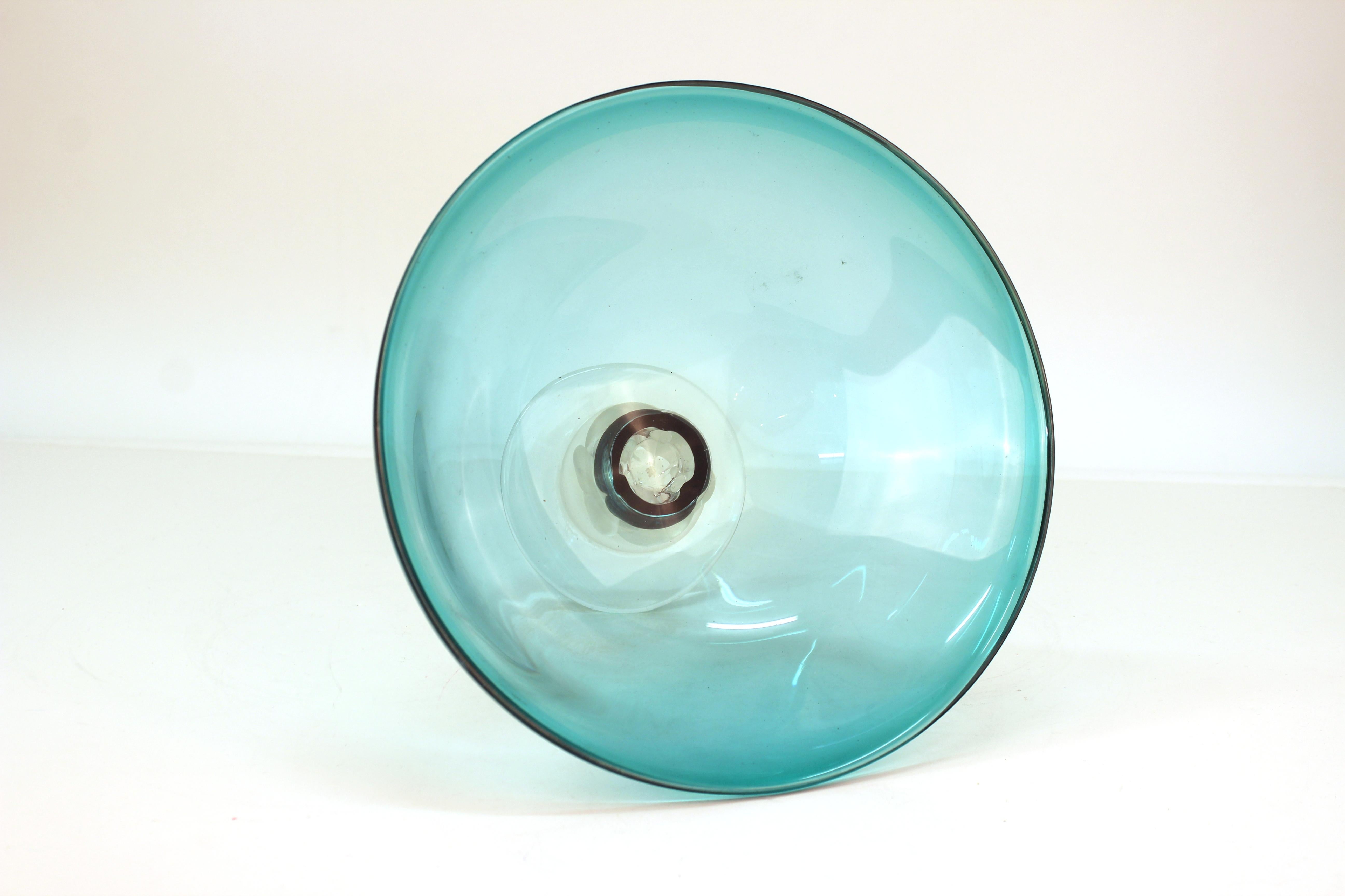 Post-Modernist Art Glass Signed Compote in Turquoise 1