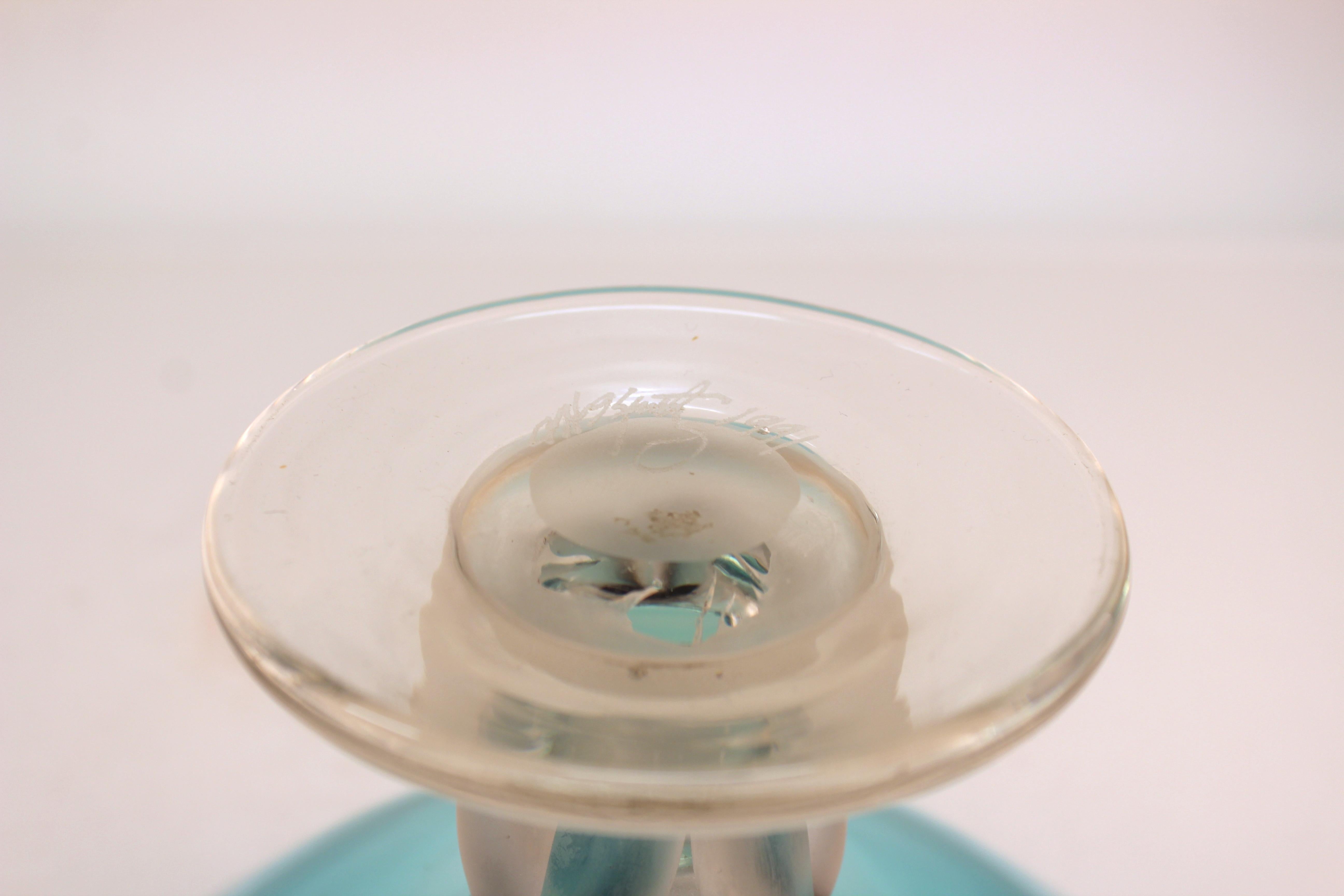 Post-Modernist Art Glass Signed Compote in Turquoise 3