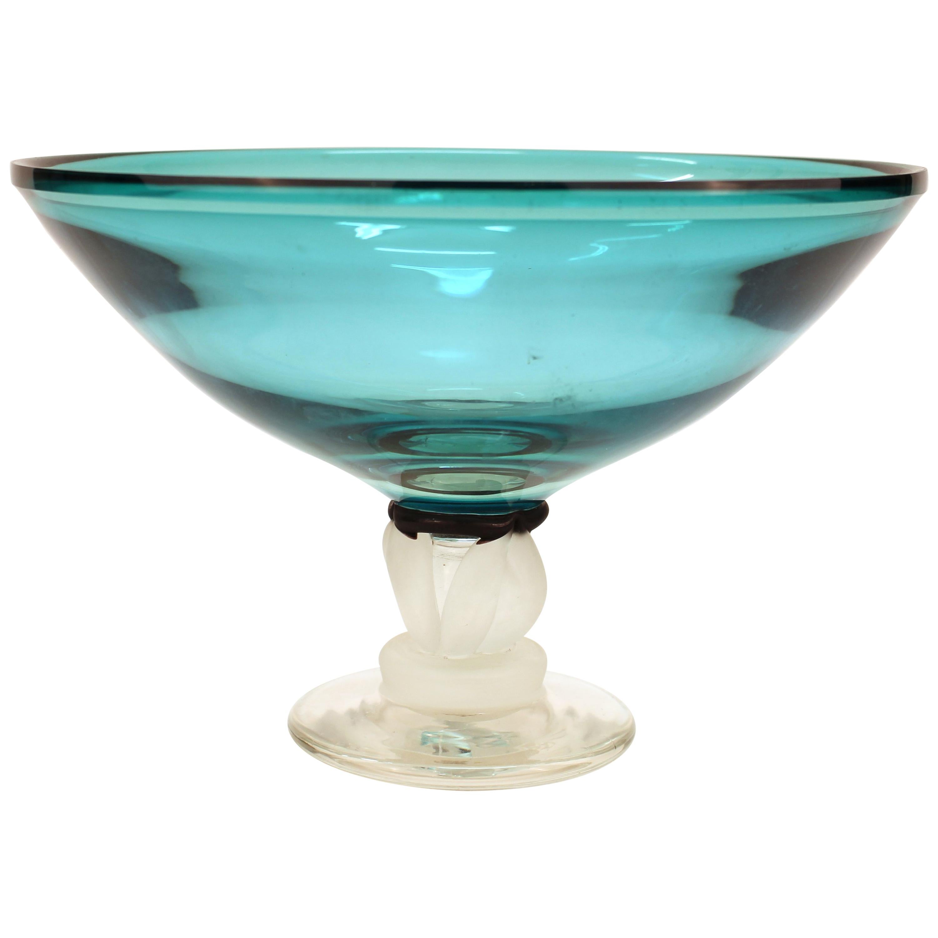 Post-Modernist Art Glass Signed Compote in Turquoise