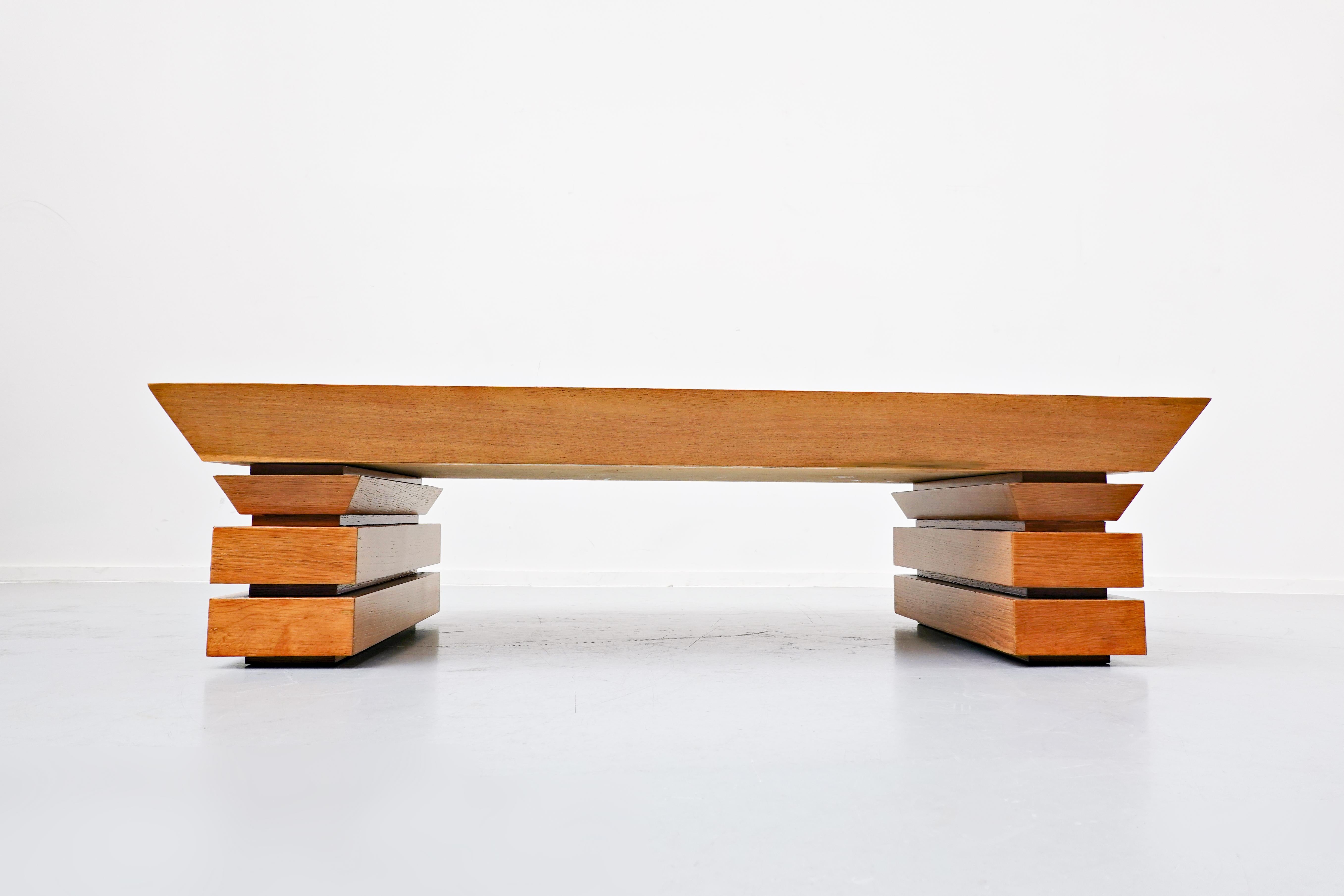 Wood Post Modernist Coffee Table, Oak, 1980s