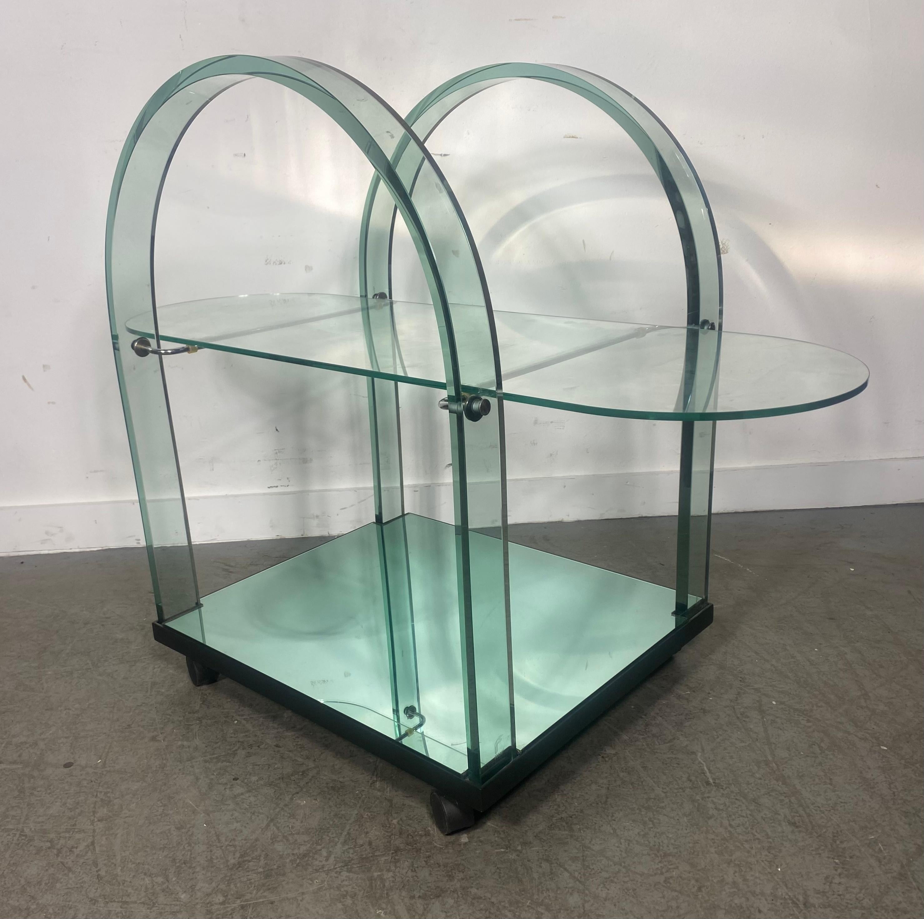 Italian Post Modernist Curved Glass + Mirrored Bar Cart by Fiam Italia, 1980s Memphis