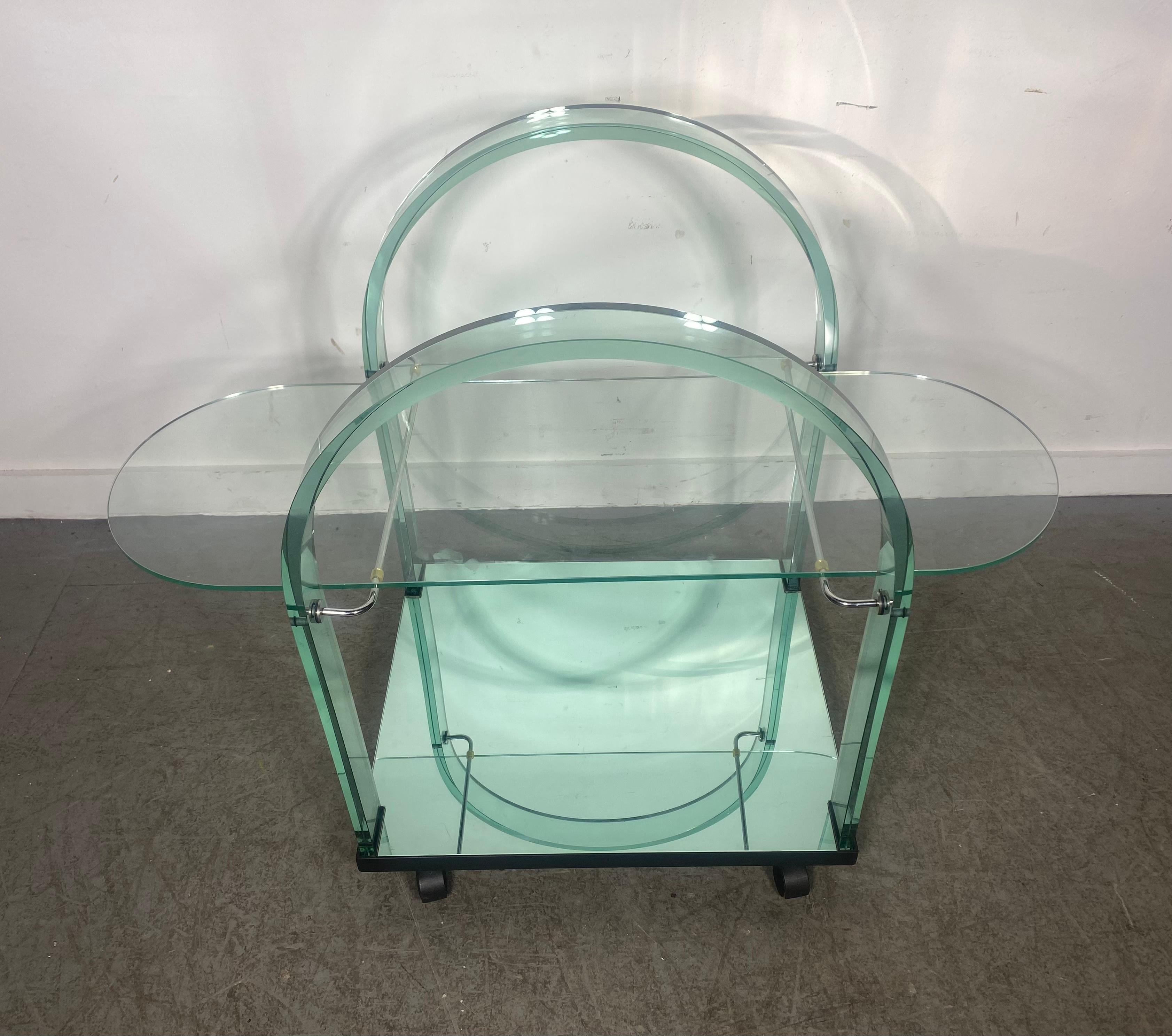 Metal Post Modernist Curved Glass + Mirrored Bar Cart by Fiam Italia, 1980s Memphis