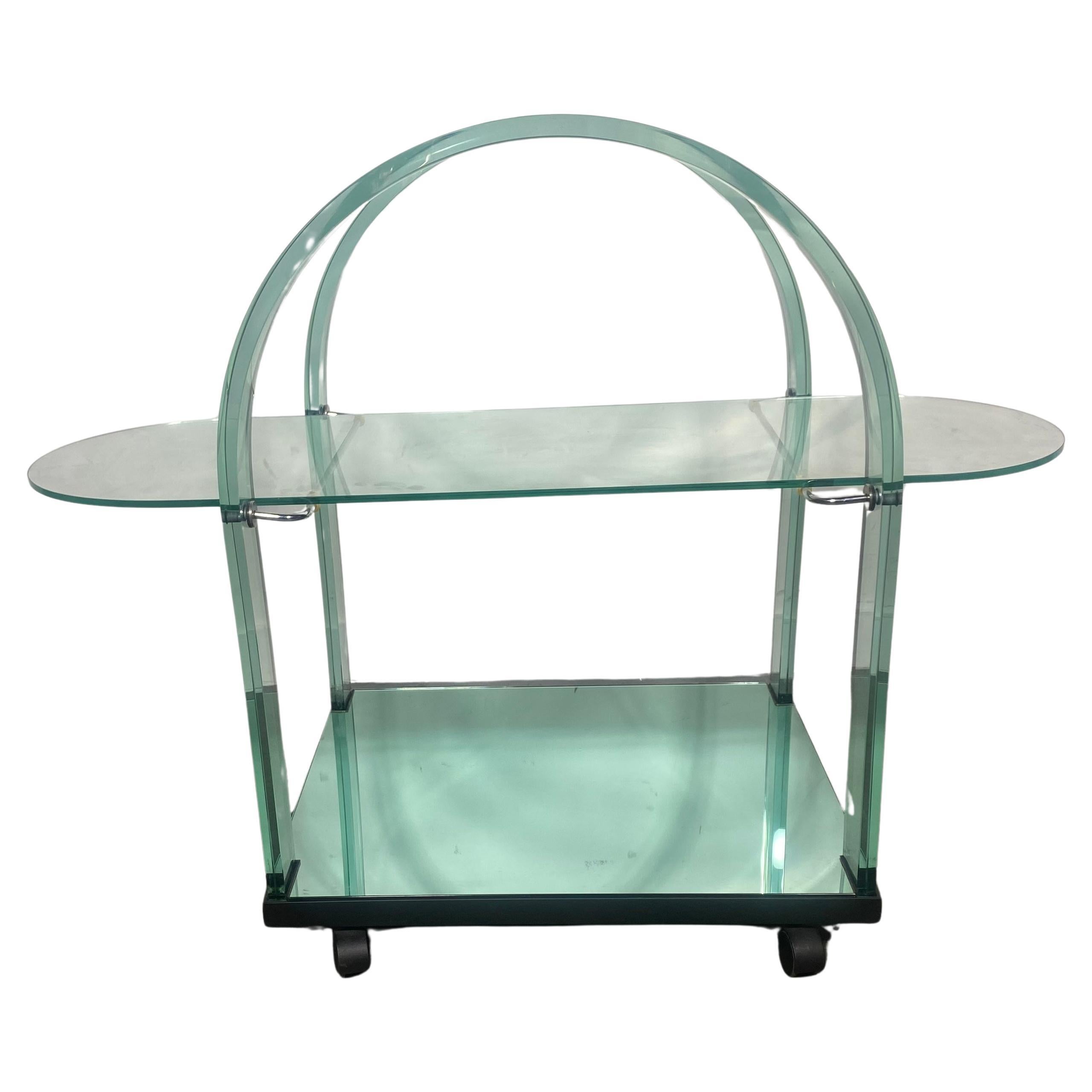 Post Modernist Curved Glass + Mirrored Bar Cart by Fiam Italia, 1980s Memphis