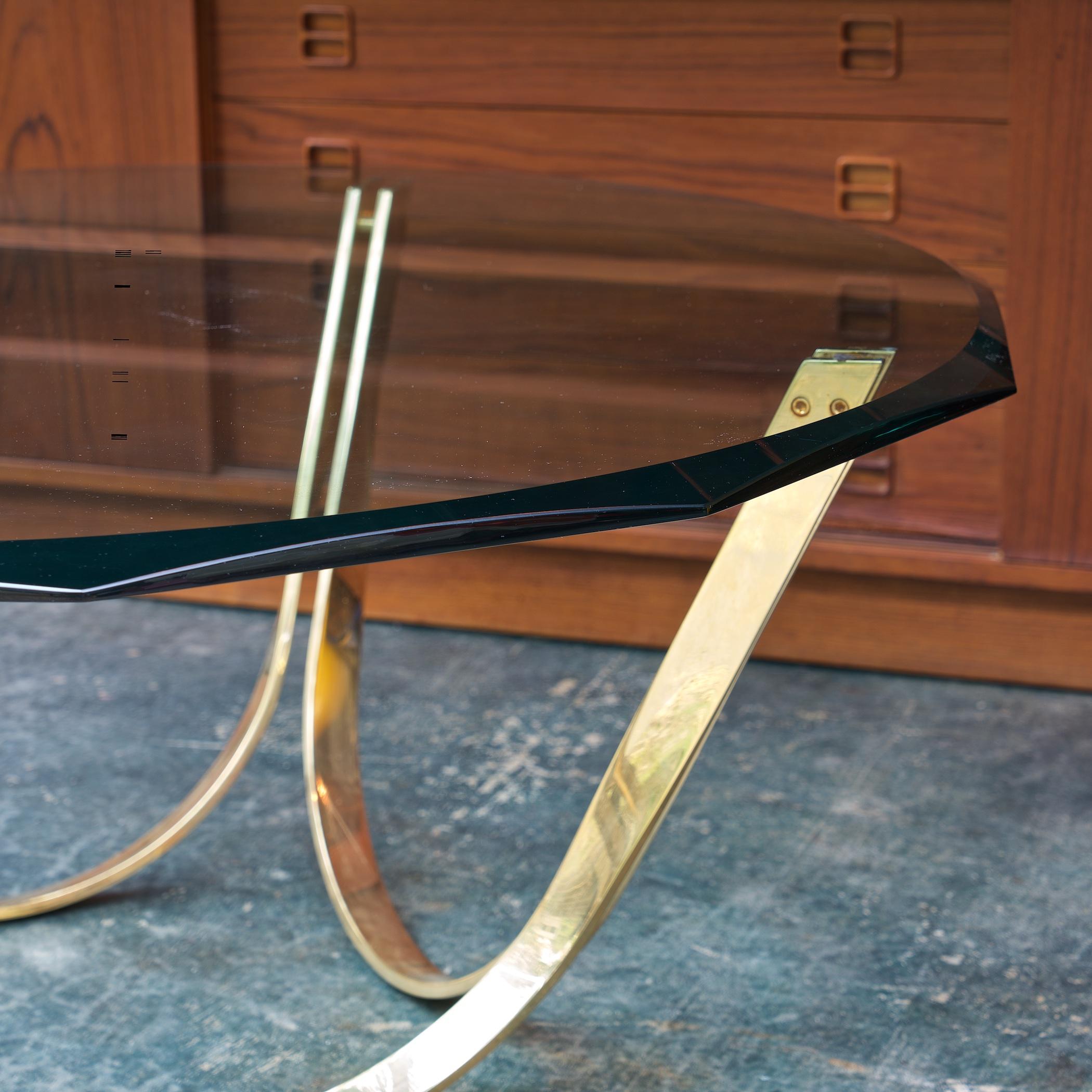 1960s Geometric Faceted Brass Glass Coffee Trimark Table like Dunbar Sprunger For Sale at 1stDibs