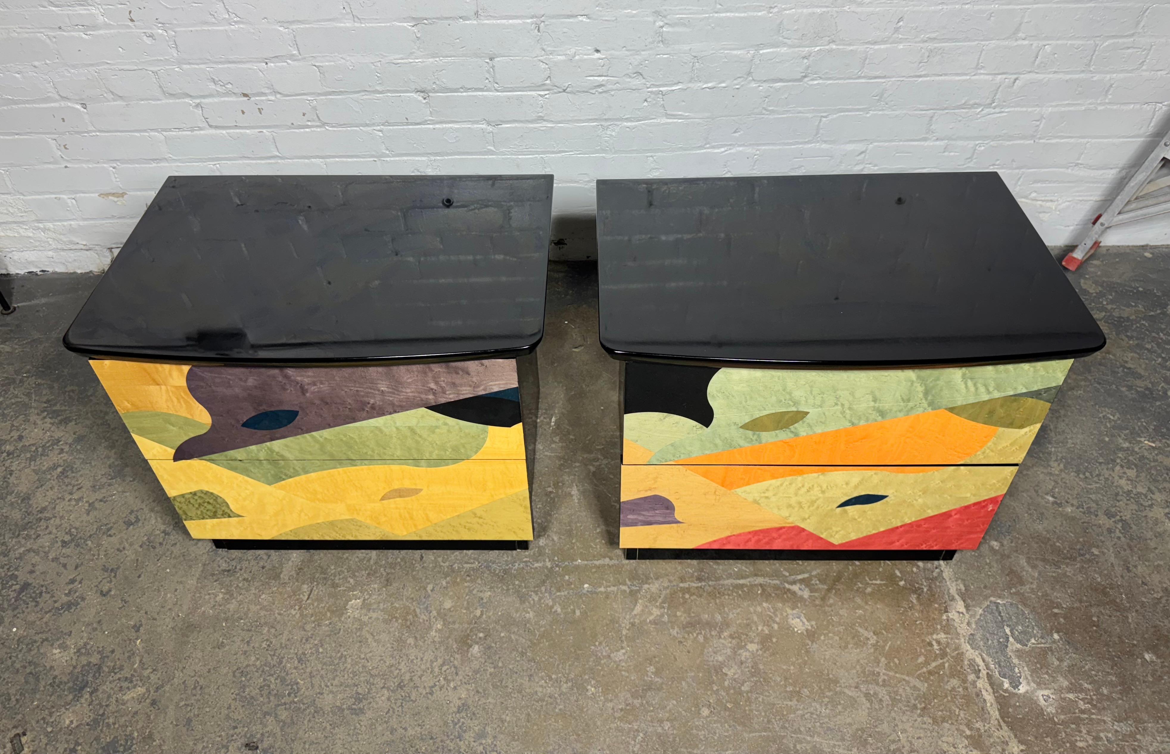 Post Modernist Italian Nite Stands by Carlo Malnati , unusual colorful inlaid woods, high polish black lacquer,,  minor scratches to top of one stand,,Hand delivery avail to nEW yORK cITY OR ANYWhere en route from bUFFALO ny 