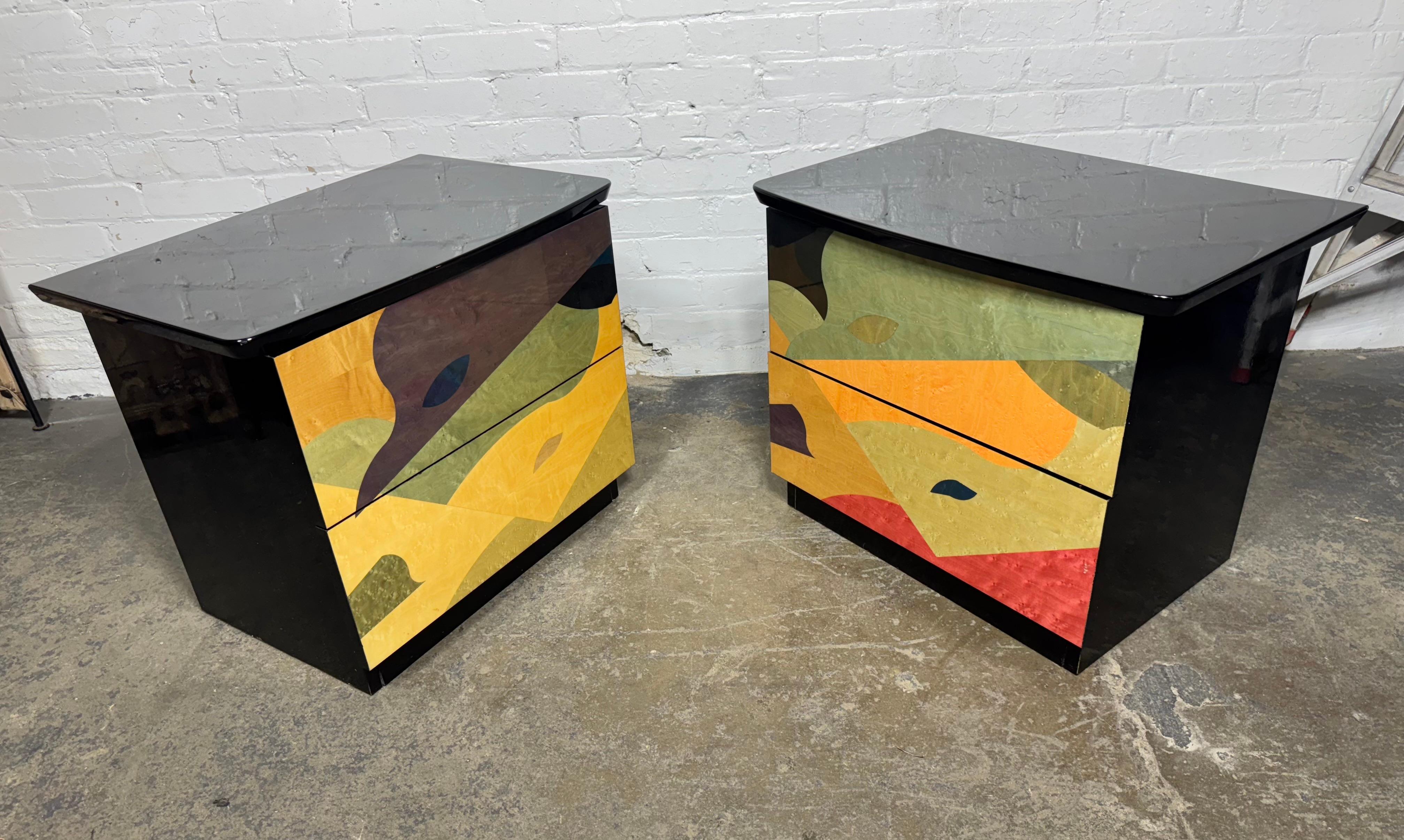Post Modernist Italian Nite Stands by Carlo Malnati , unusual inlaid woods Bon état - En vente à Buffalo, NY