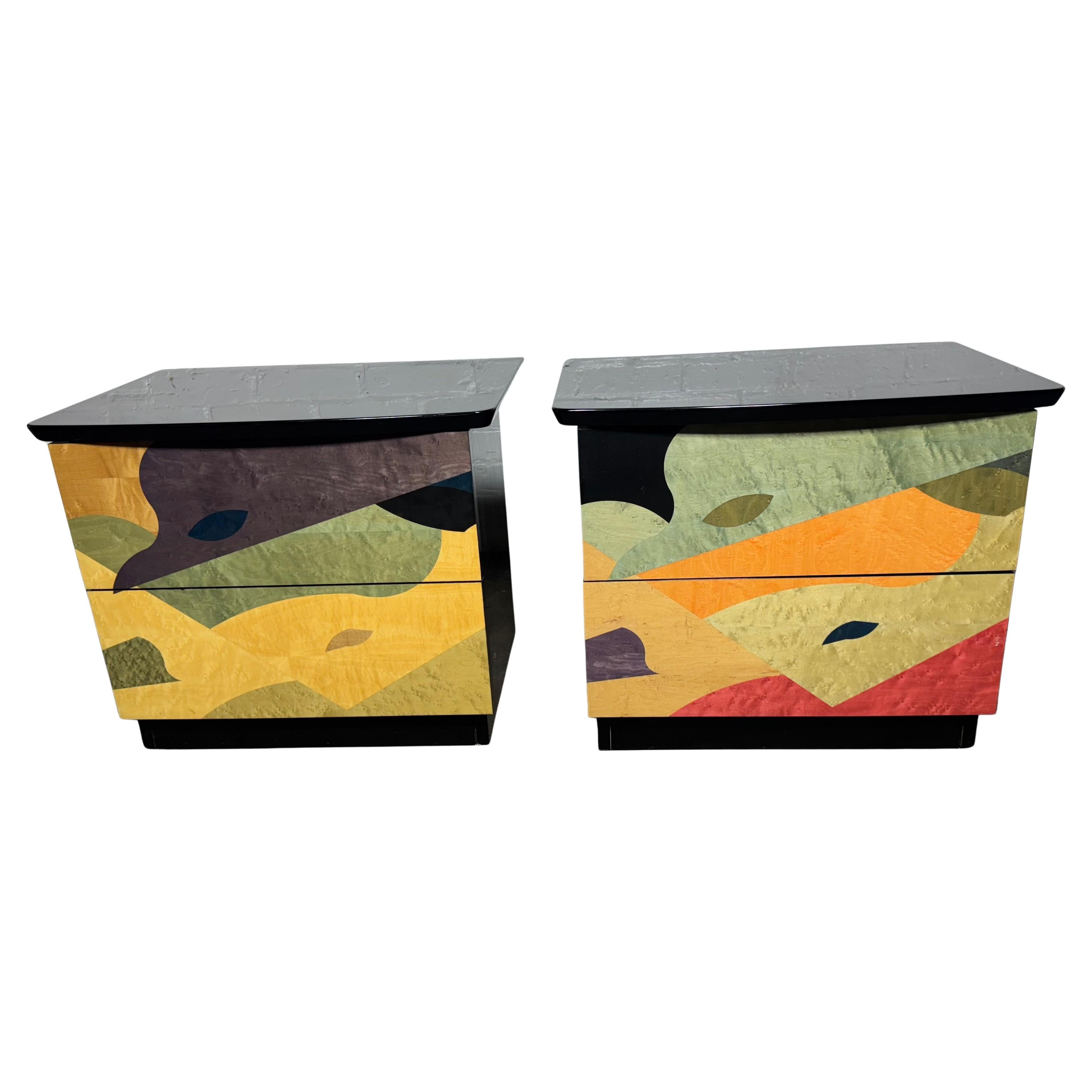 Post Modernist Italian Nite Stands by Carlo Malnati , unusual inlaid woods en vente
