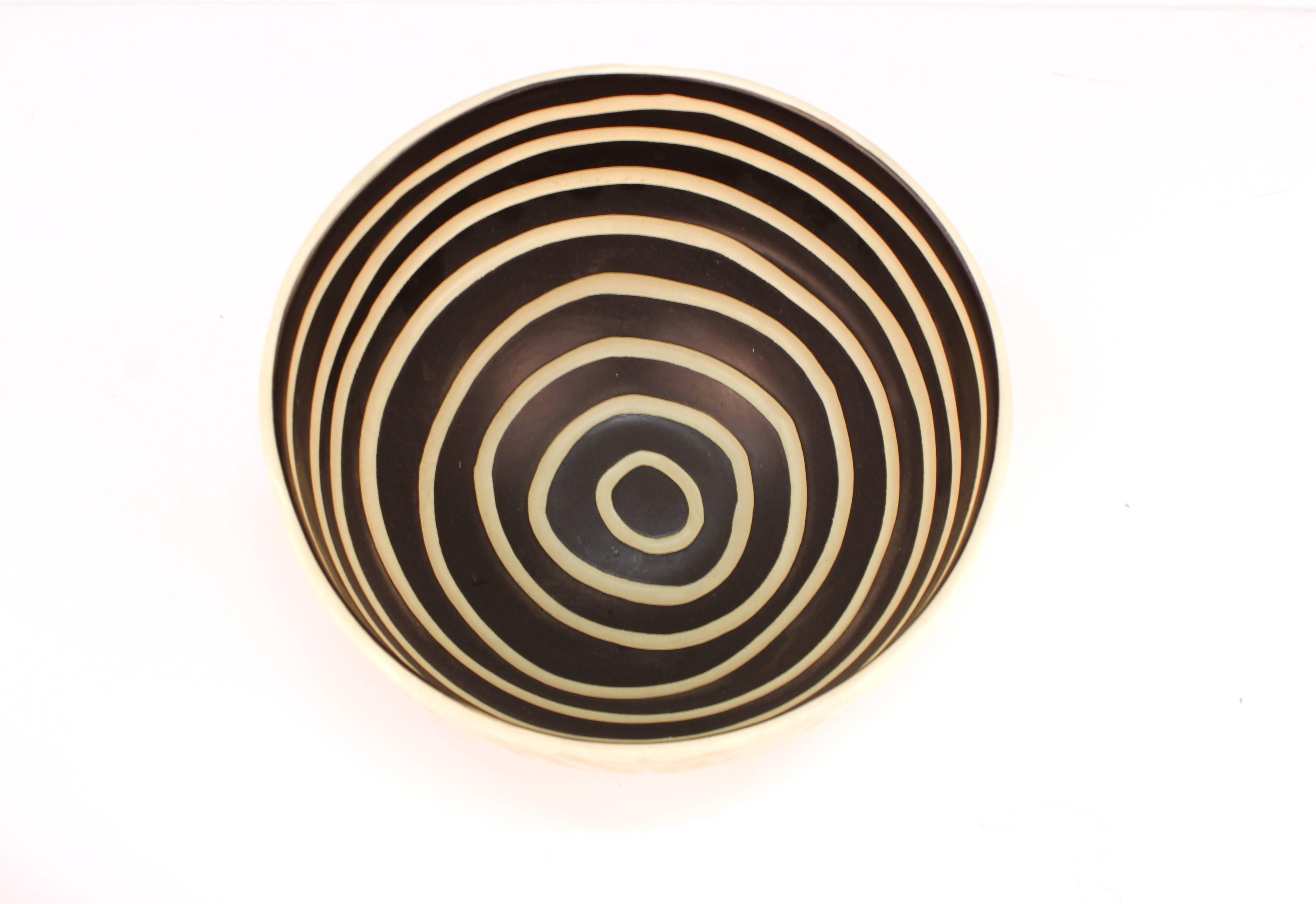 Ceramic Post-Modernist Pottery Bowl with Spiral and Striped Details