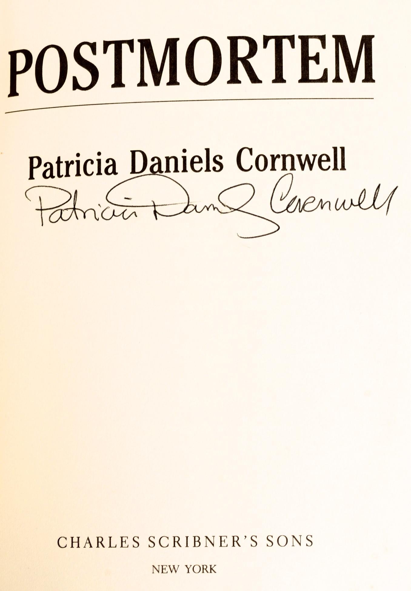 Post-Mortem by Patricia D. Cornwell. Charles Scribner's Sons, New York, 1990. Signed First Edition, 1st printing hardcover with dust jacket. This was the first Kay Scarpetta novel and is an important 'Collector's Copy' of an important mystery debut.