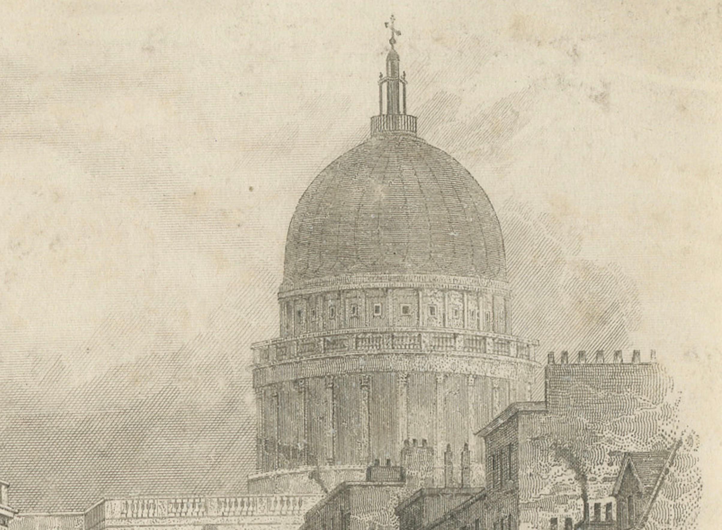 Postamt und St. Paul's Cathedral, London - Kupferstich von J. Shury  

Dieser fein ausgeführte Stich aus dem 19. Jahrhundert zeigt das Gebäude des General Post Office in London, mit der ikonischen Kuppel der St. Paul's Cathedral im Hintergrund. Die