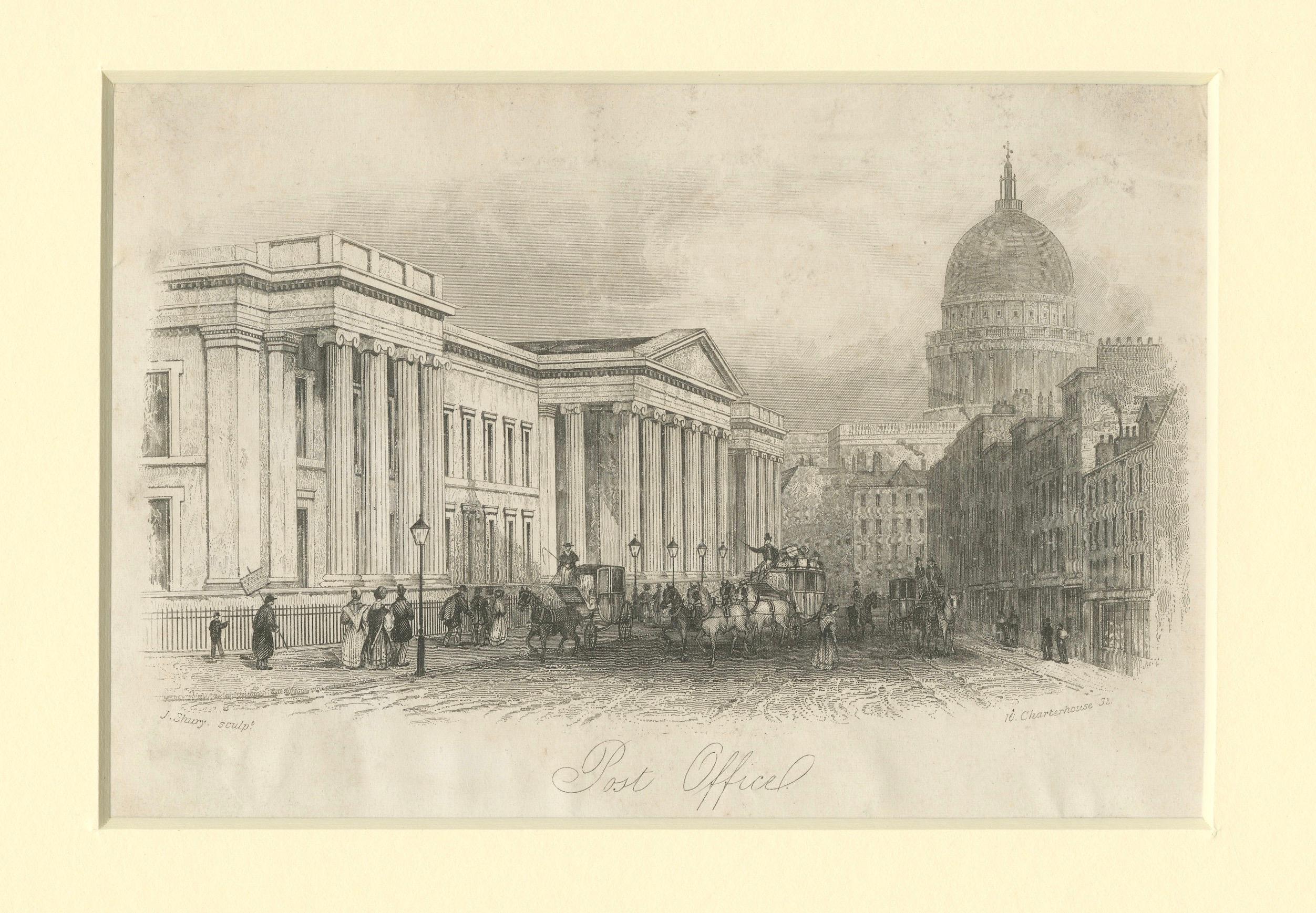 Postamt und St. Paul's Cathedral, London - Kupferstich von J. Shury, ca. 1850 im Angebot 1