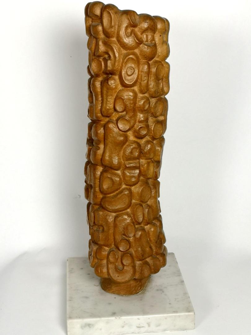 This organic style sculpture is a hand carved wooden piece, on a marble base by hungarian artist Laszlo Feldman.
It's in great condition, no damage, some patina due to age.

Hungarian artist Laszlo Feldman original worked as an acrobat- he was