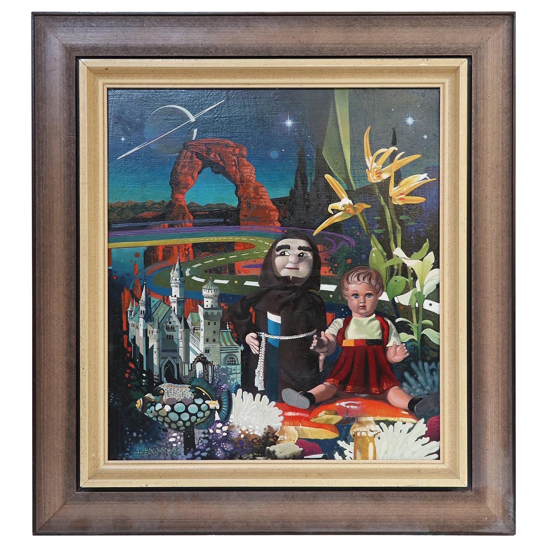 Post Surrealist Oil Painting "the Dolls" by Asher Ein Dor, Israel, 1980