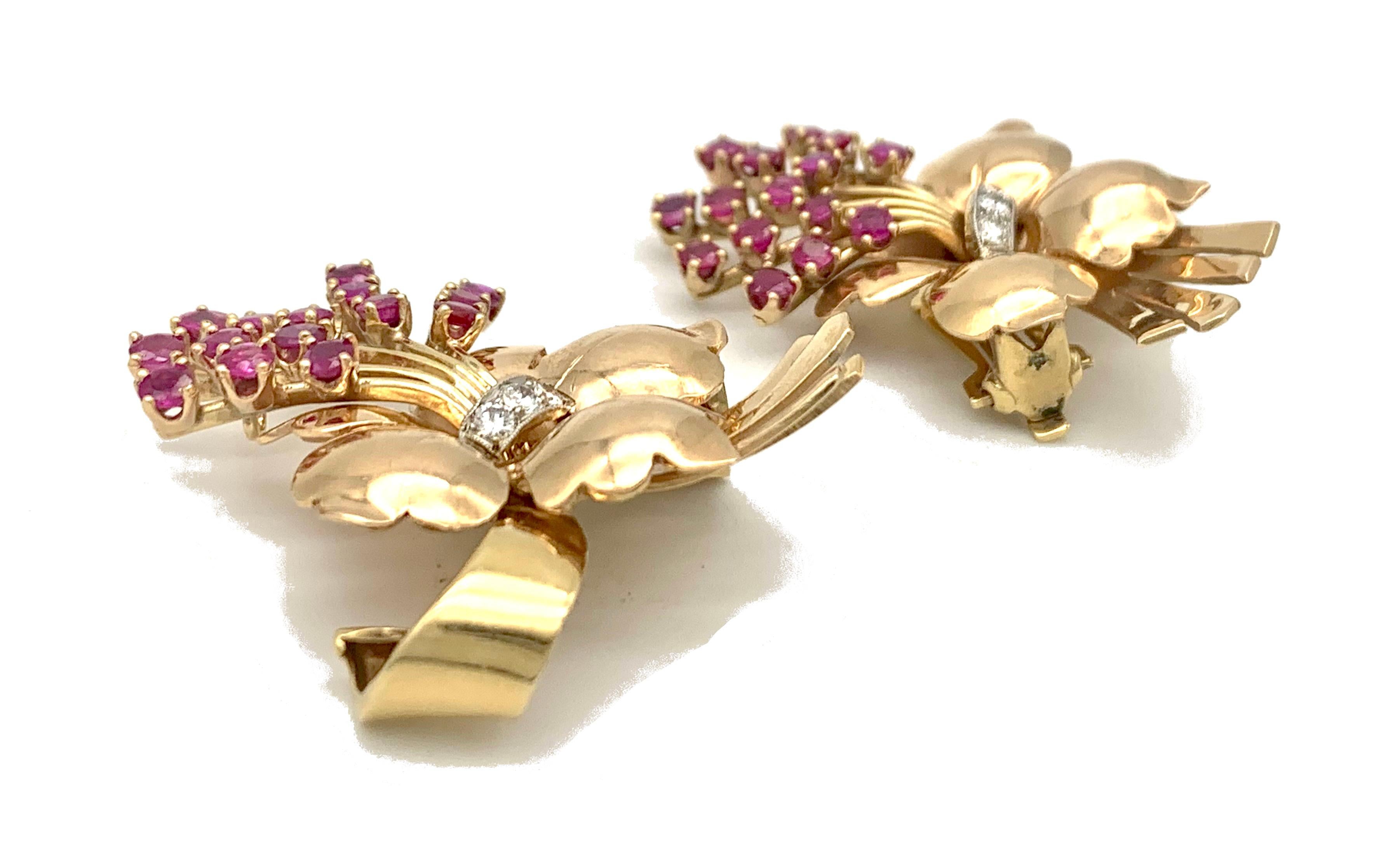 Round Cut Post WAr 1940's Demi Parure Clip-On-Earrings Matching Dress Clip Orchids Rubies For Sale