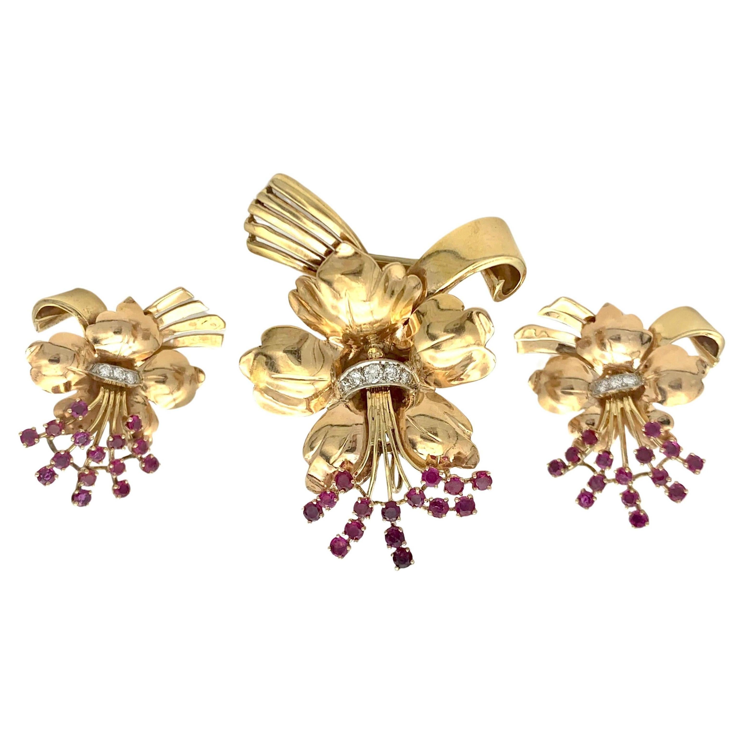 Post WAr 1940's Demi Parure Clip-On-Earrings Matching Dress Clip Orchids Rubies For Sale