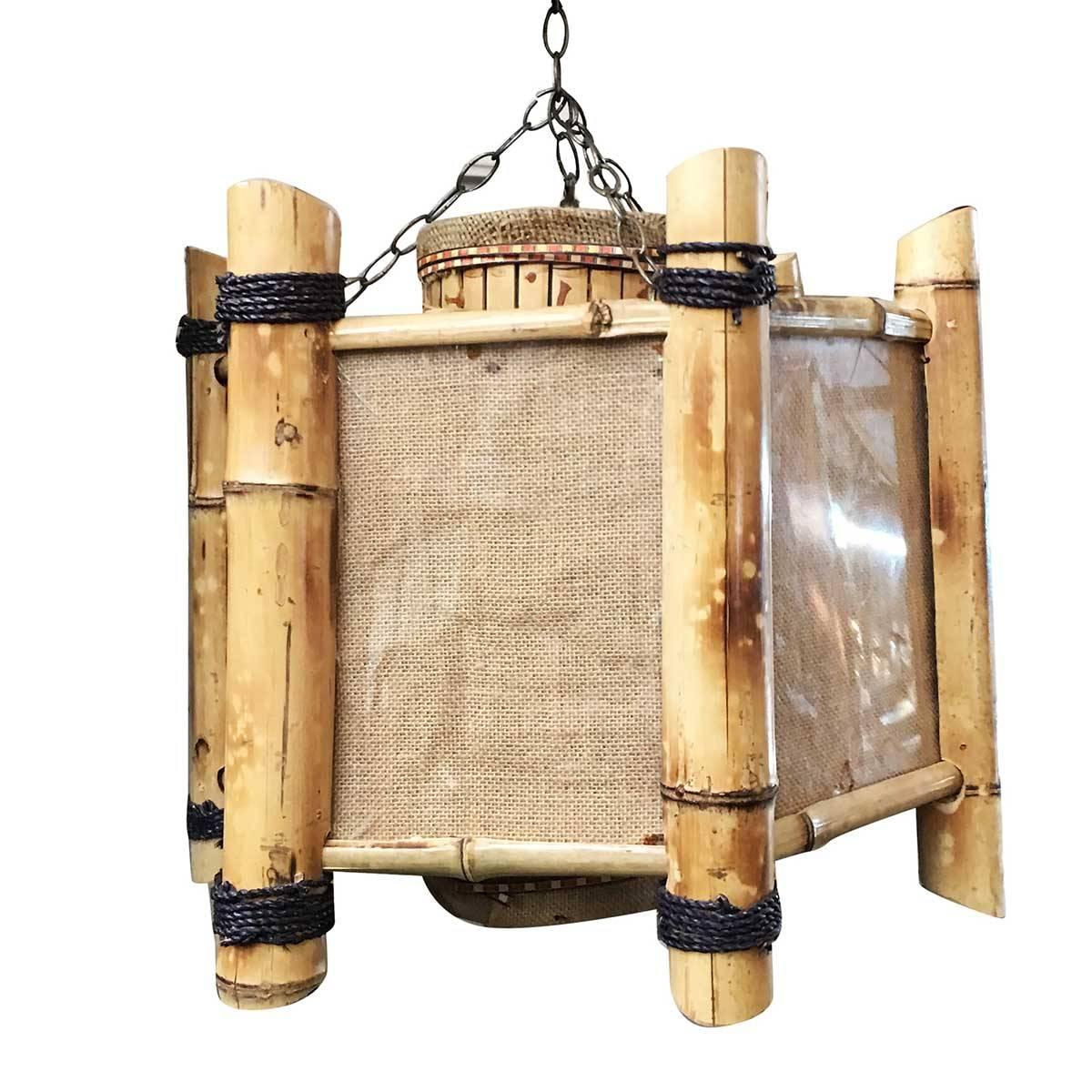 Post-War bamboo octagon chandelier hanging lamp with glass/rice paper shade.

3-Available 