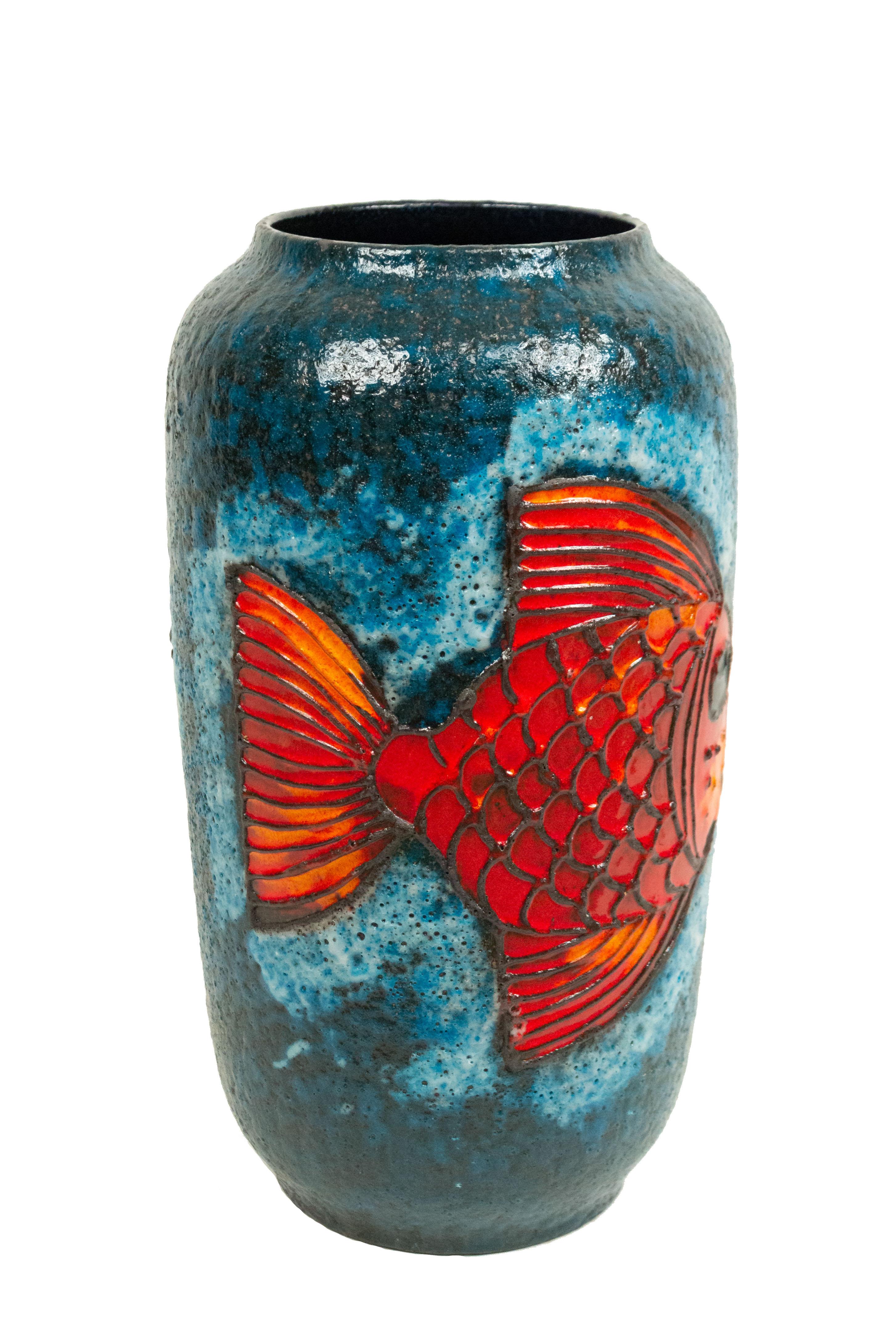 Post-War West Germany tall cylindrical dark blue vase with large orange fish.