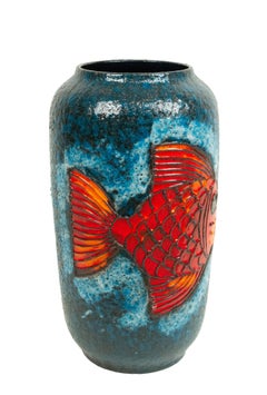 Post-War Blue and Orange Ceramic Fish Design Vase