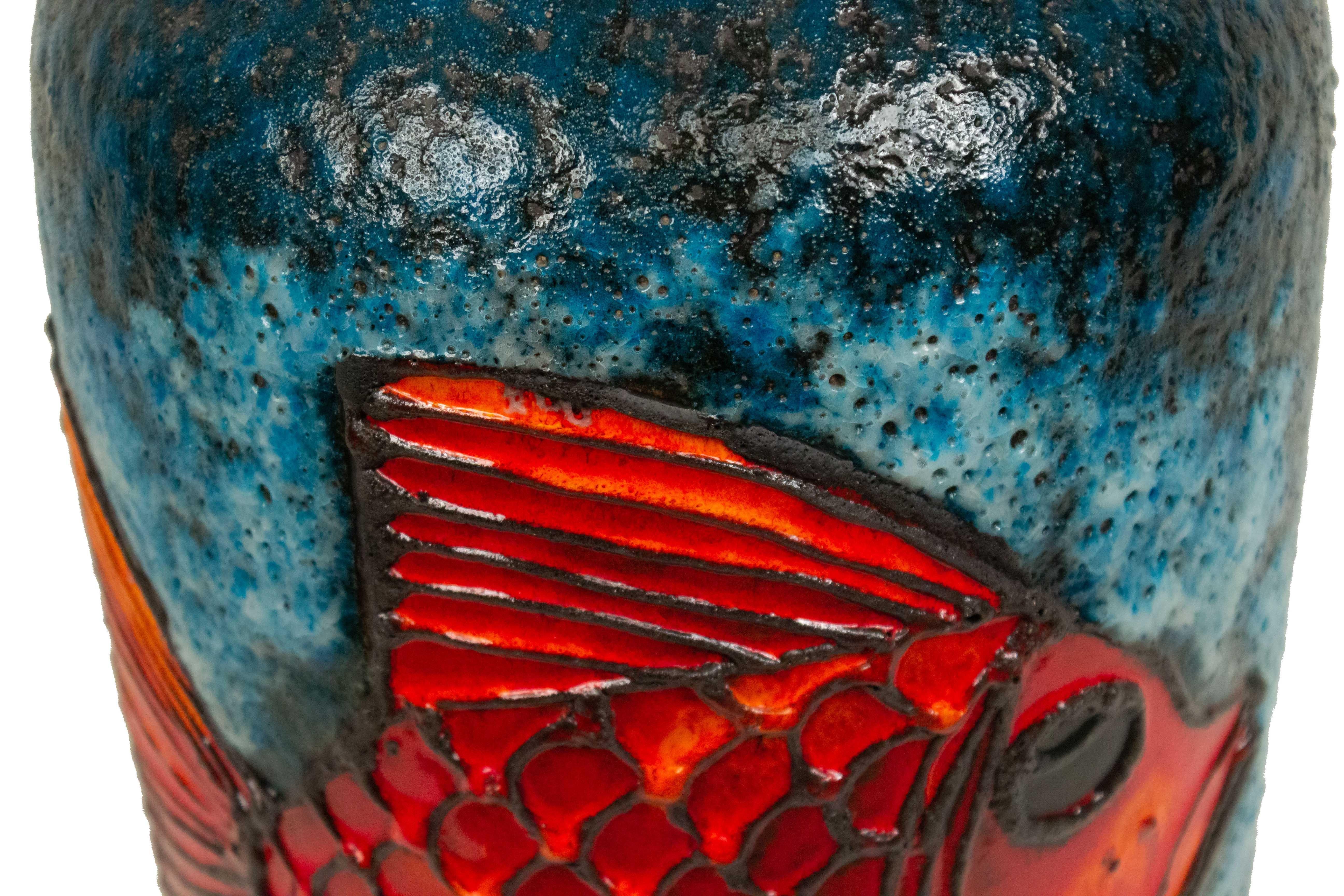 Mid-Century Modern Post-War Blue and Orange Ceramic Fish Design Vase For Sale