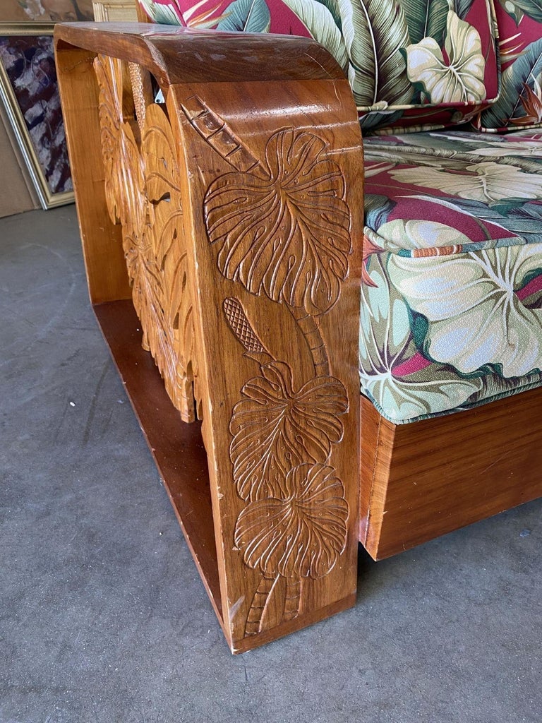 Post War Carved Koa Wood Tropical Mid Century Loveseat Sofa For Sale at