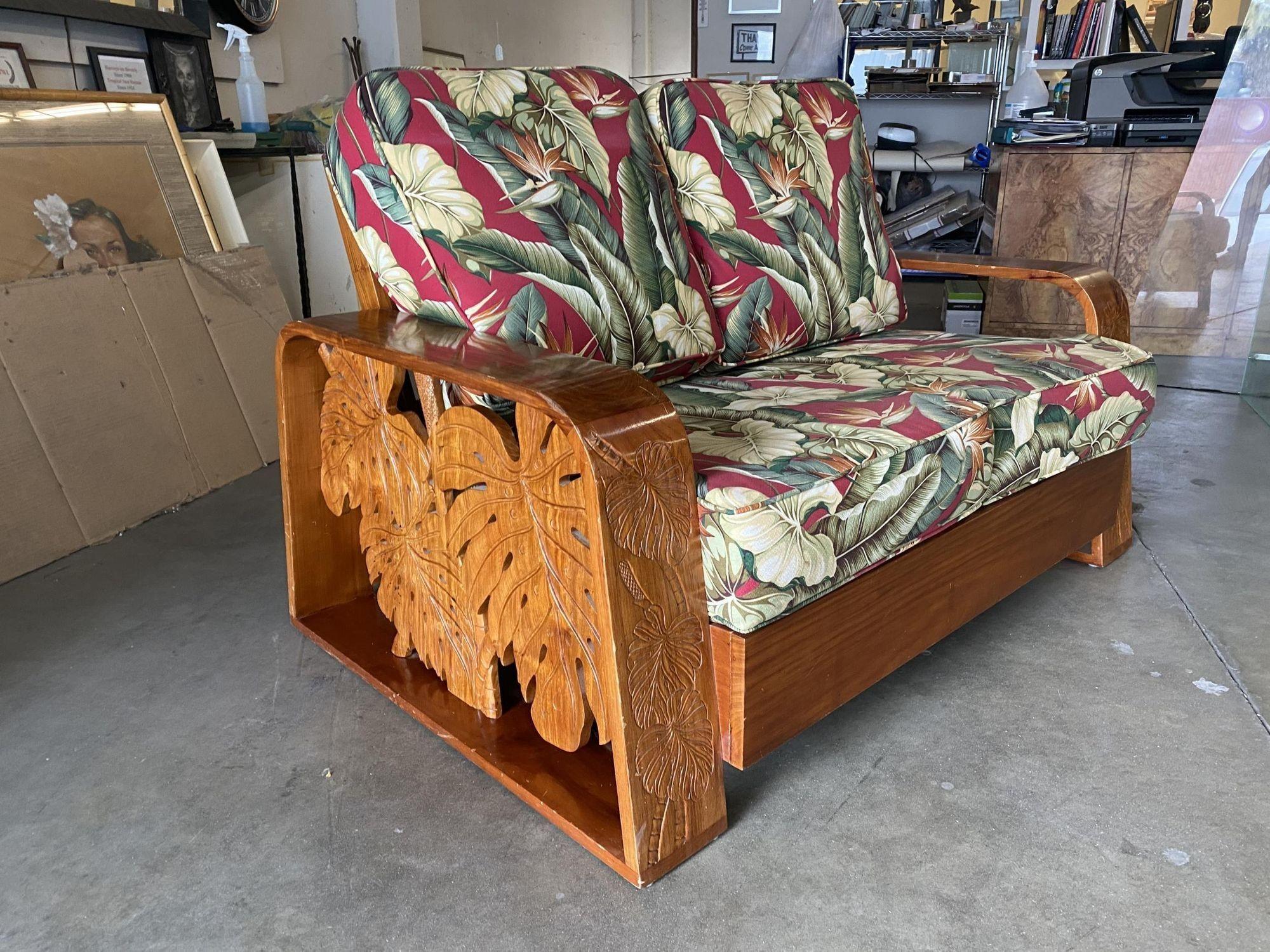 Post War Carved Mango Wood Tropical Mid Century Loveseat Sofa For Sale 2