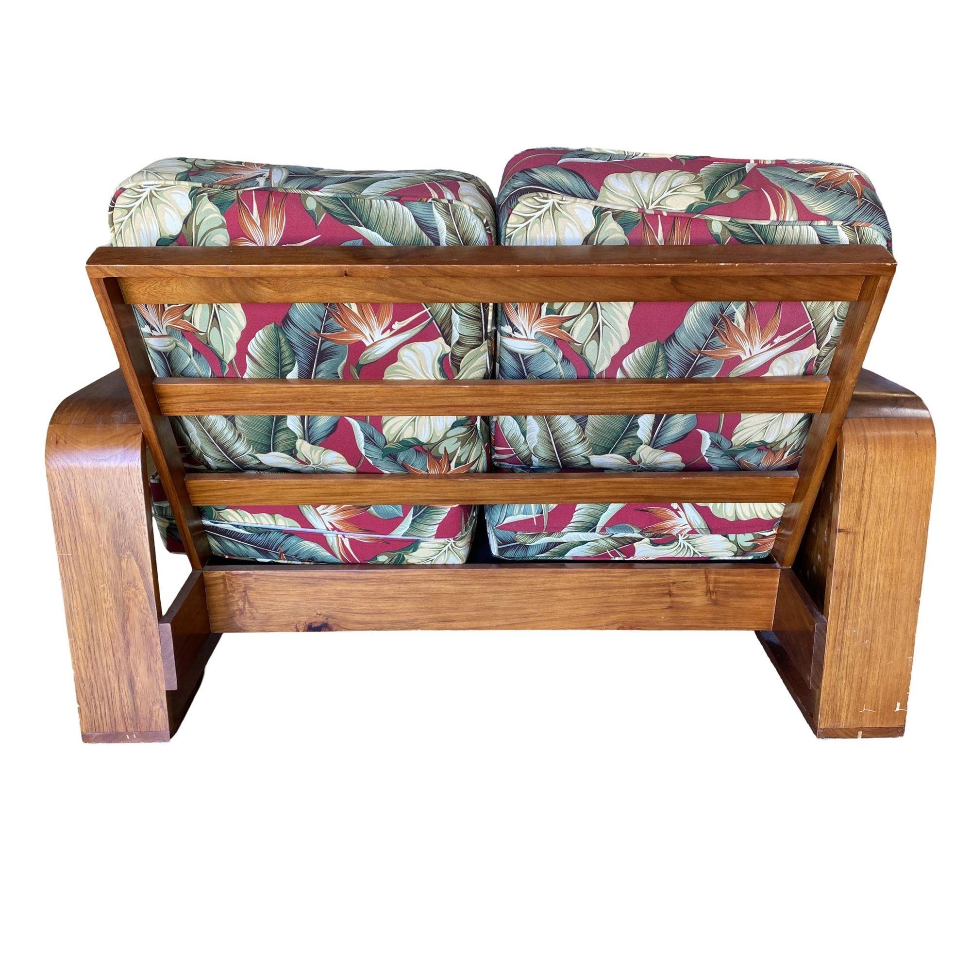 Mid-Century Modern Post War Carved Mango Wood Tropical Mid Century Loveseat Sofa For Sale