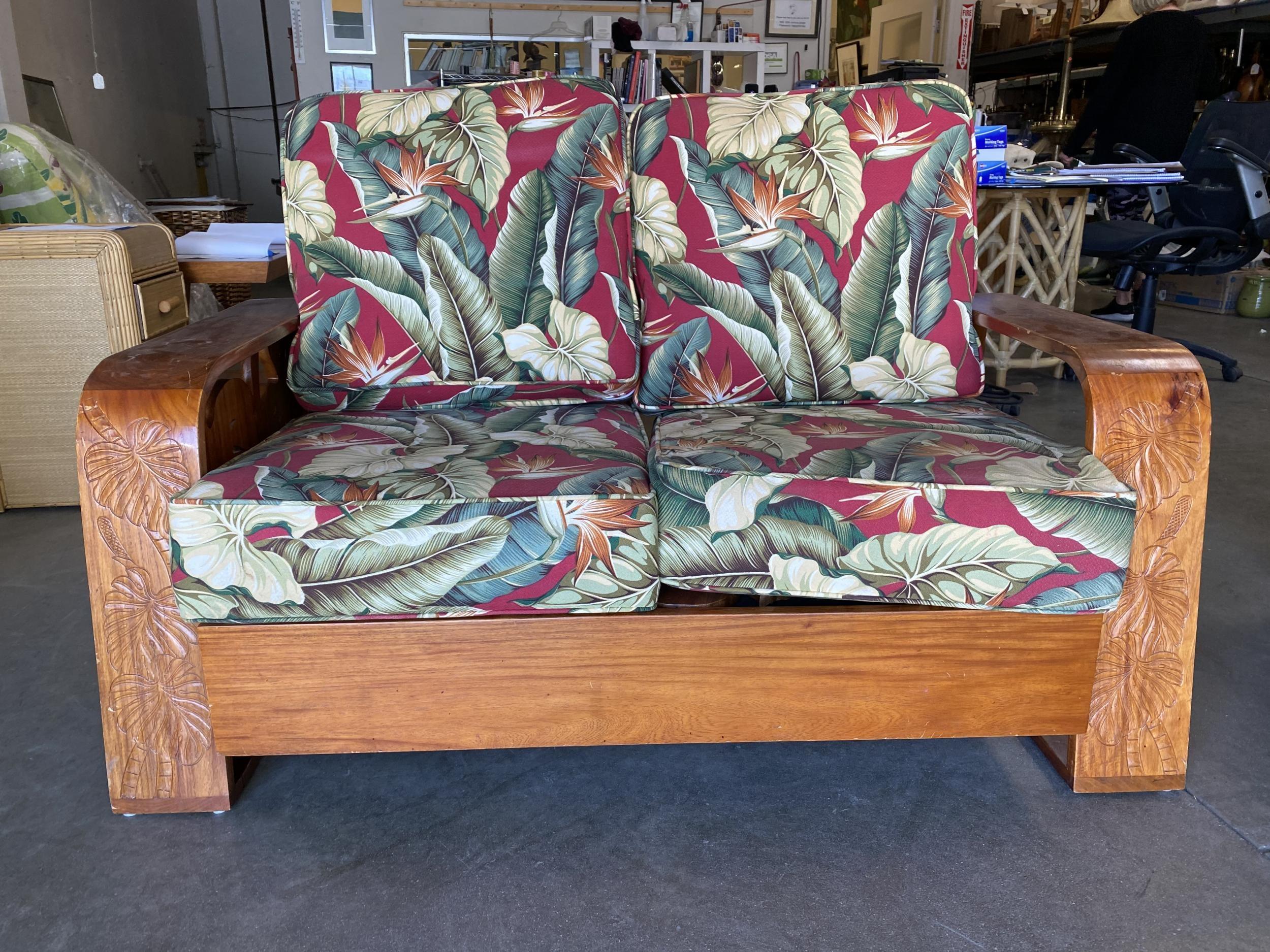 American Post War Carved Koa Wood Tropical Mid Century Loveseat Sofa