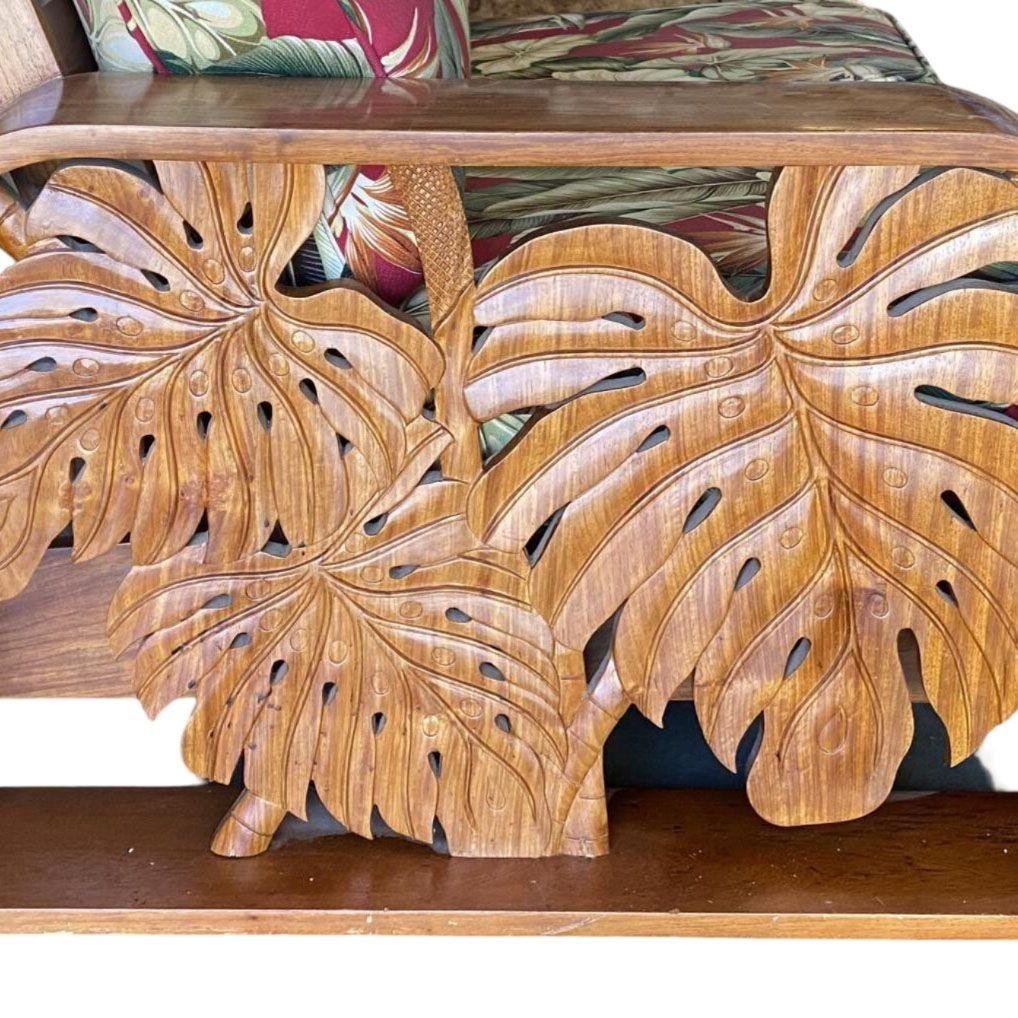Post War Carved Mango Wood Tropical Mid Century Loveseat Sofa In Excellent Condition For Sale In Van Nuys, CA