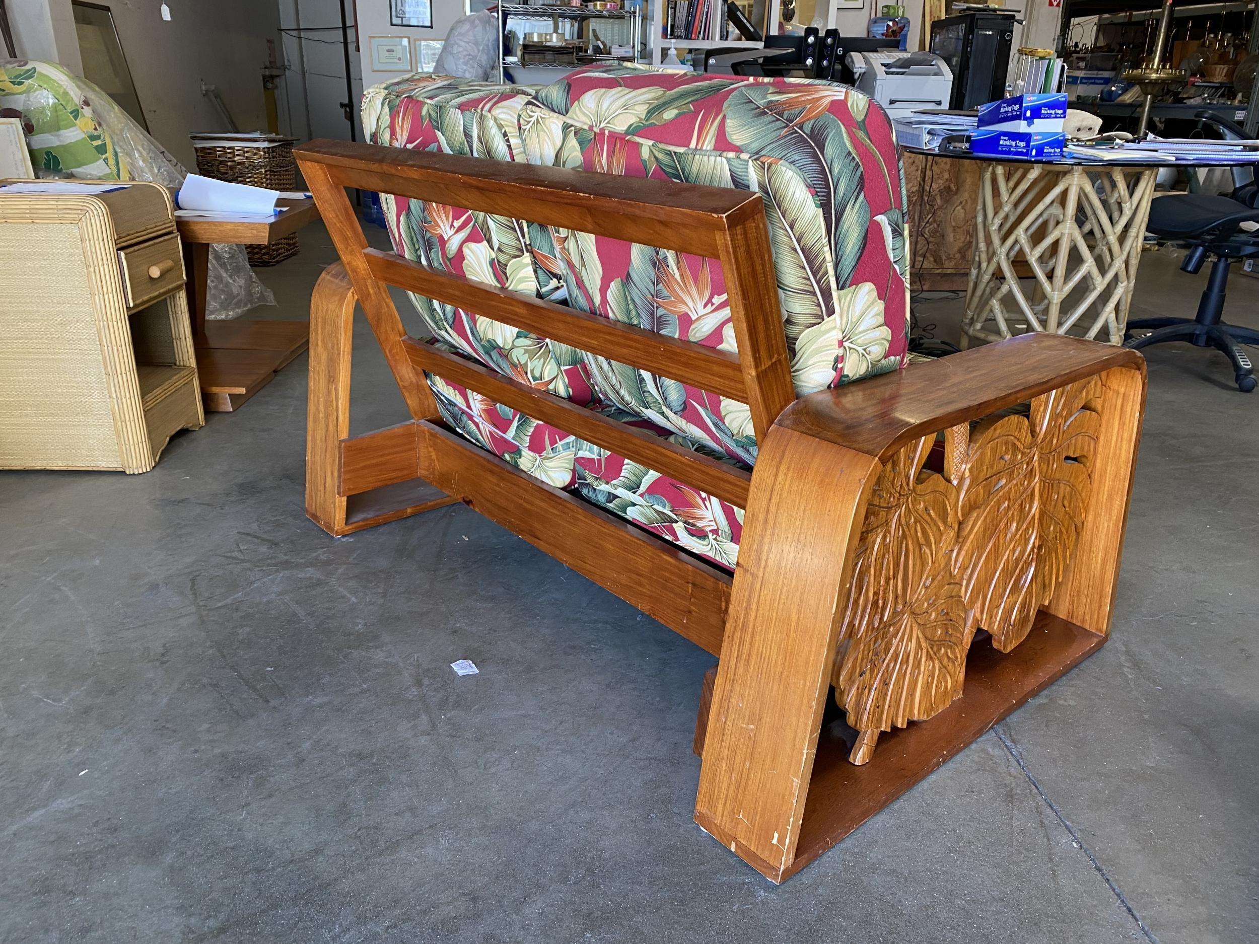 Post War Carved Koa Wood Tropical Mid Century Loveseat Sofa In Excellent Condition In Van Nuys, CA