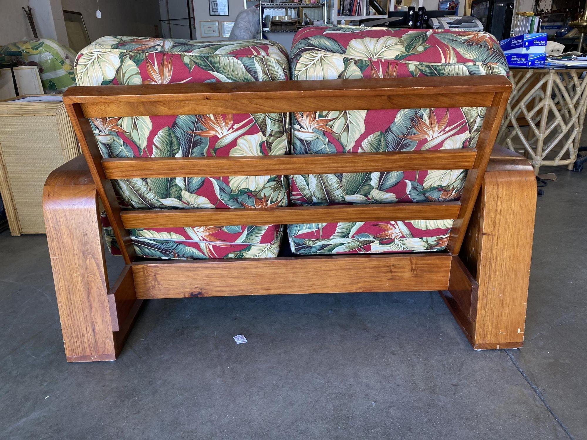 Post War Carved Mango Wood Tropical Mid Century Loveseat Sofa For Sale 1