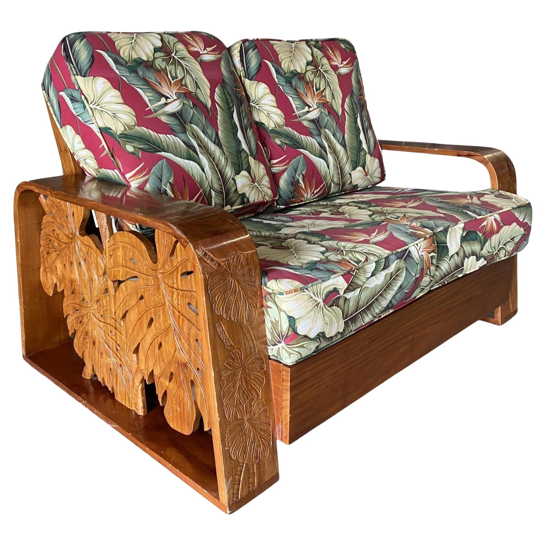 Post War Carved Mango Wood Tropical Mid Century Loveseat Sofa For Sale