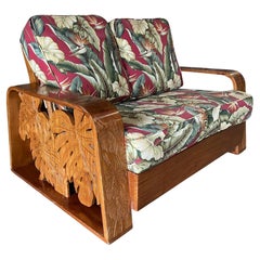 Vintage Post War Carved Mango Wood Tropical Mid Century Loveseat Sofa