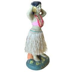 Post War Ceramic "Aloha" Hawaiian Dancing Hula Girl w/ Lei & Grass Skirt