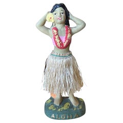 Post War Ceramic "Aloha" Hawaiian Dancing Hula Girl w/ Lei & Grass Skirt