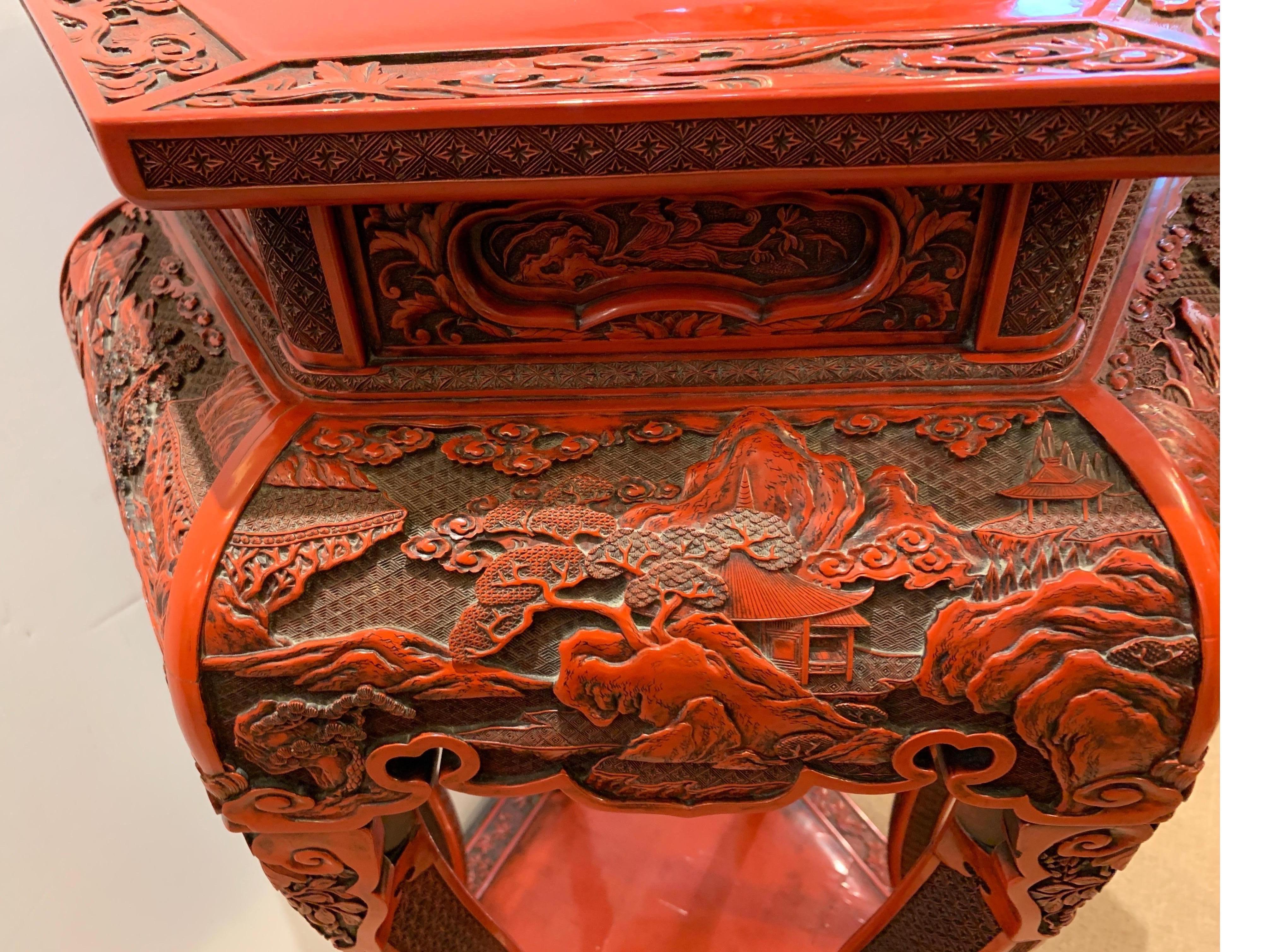 Post War Chines Red Lacquer Carved Wood Cinnabar Stand 3