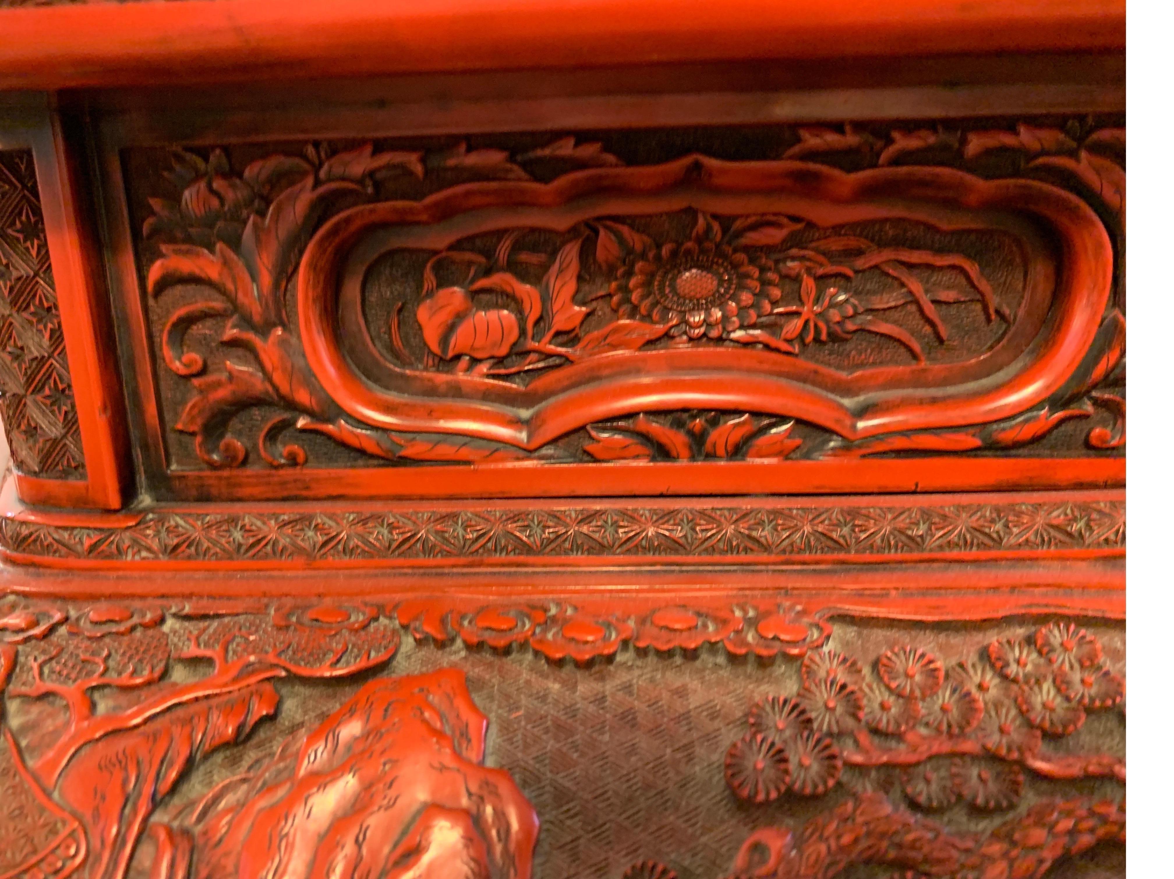 Post War Chines Red Lacquer Carved Wood Cinnabar Stand 4