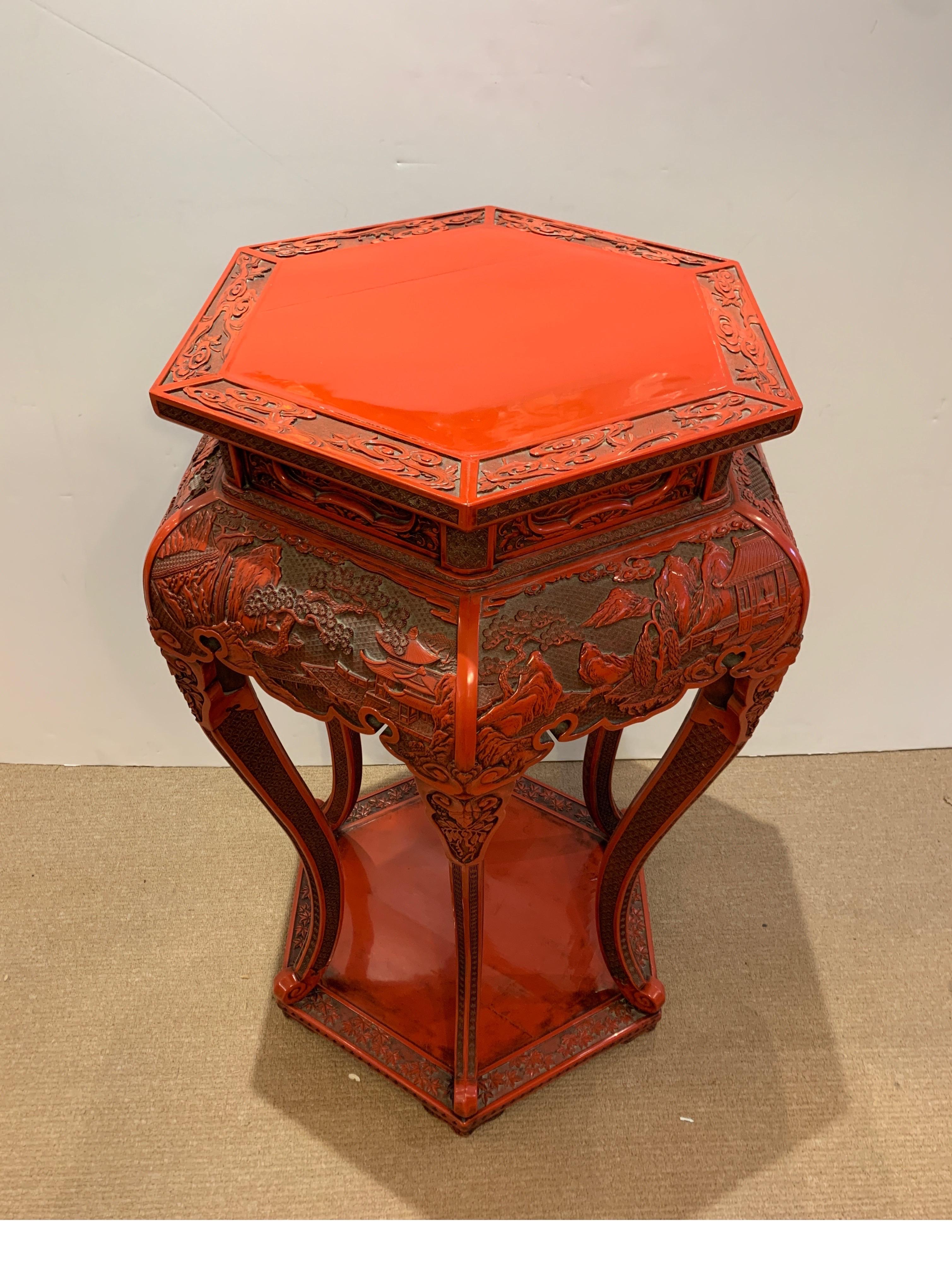 Finest quality Cinnabar lacquer hand carved large stand in the Ming style. Shapely, beautifully
constructed, 35.5 incest all, the top of the flat surface is 18.5 by 18.5, circa 1950.