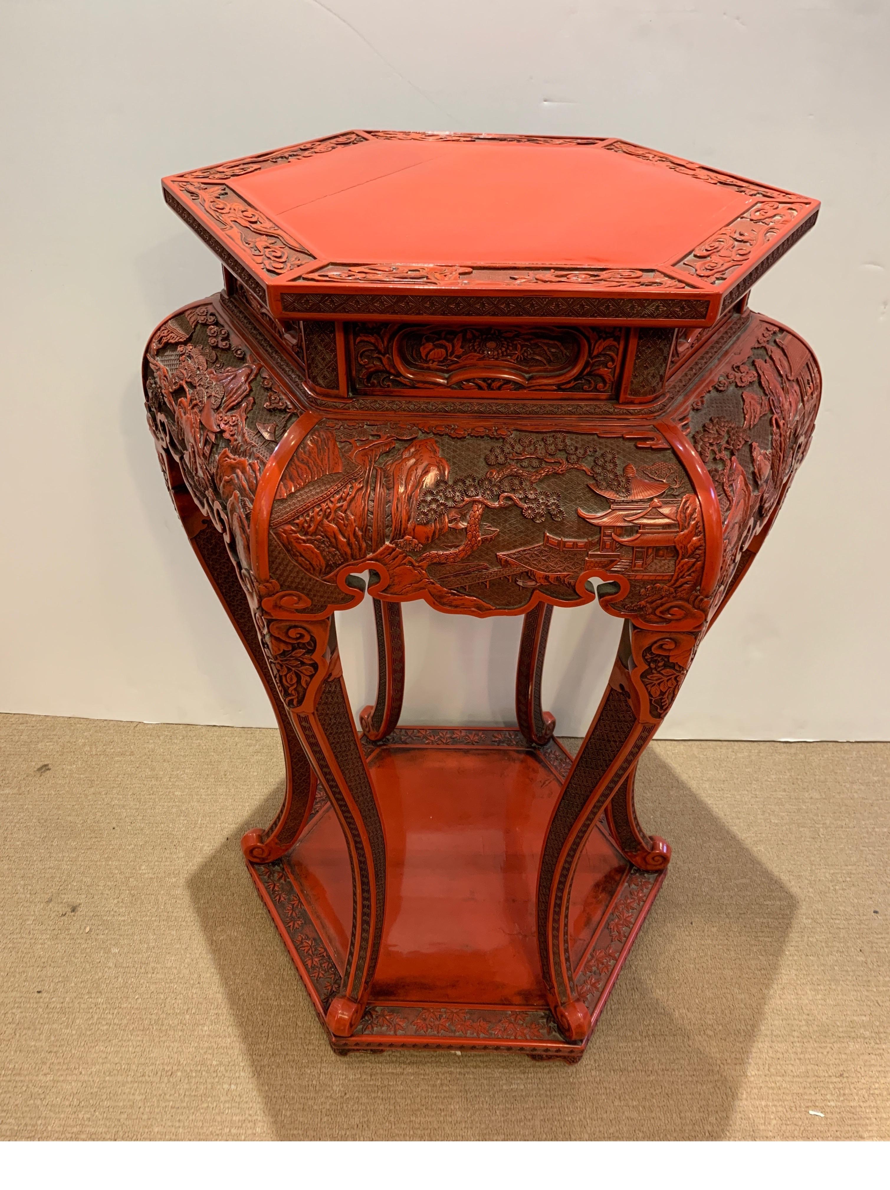 Chinese Export Post War Chines Red Lacquer Carved Wood Cinnabar Stand