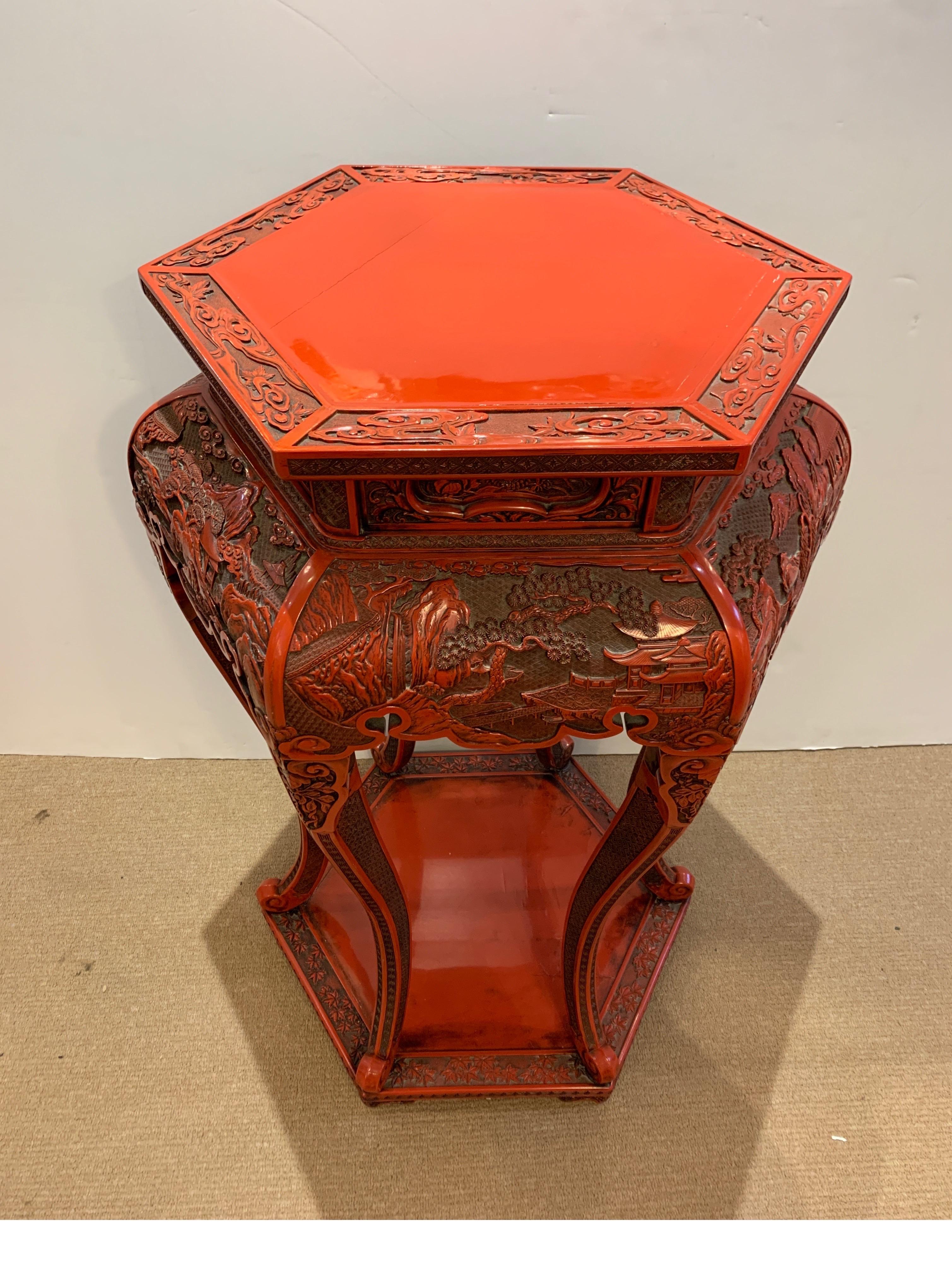 Chinese Post War Chines Red Lacquer Carved Wood Cinnabar Stand