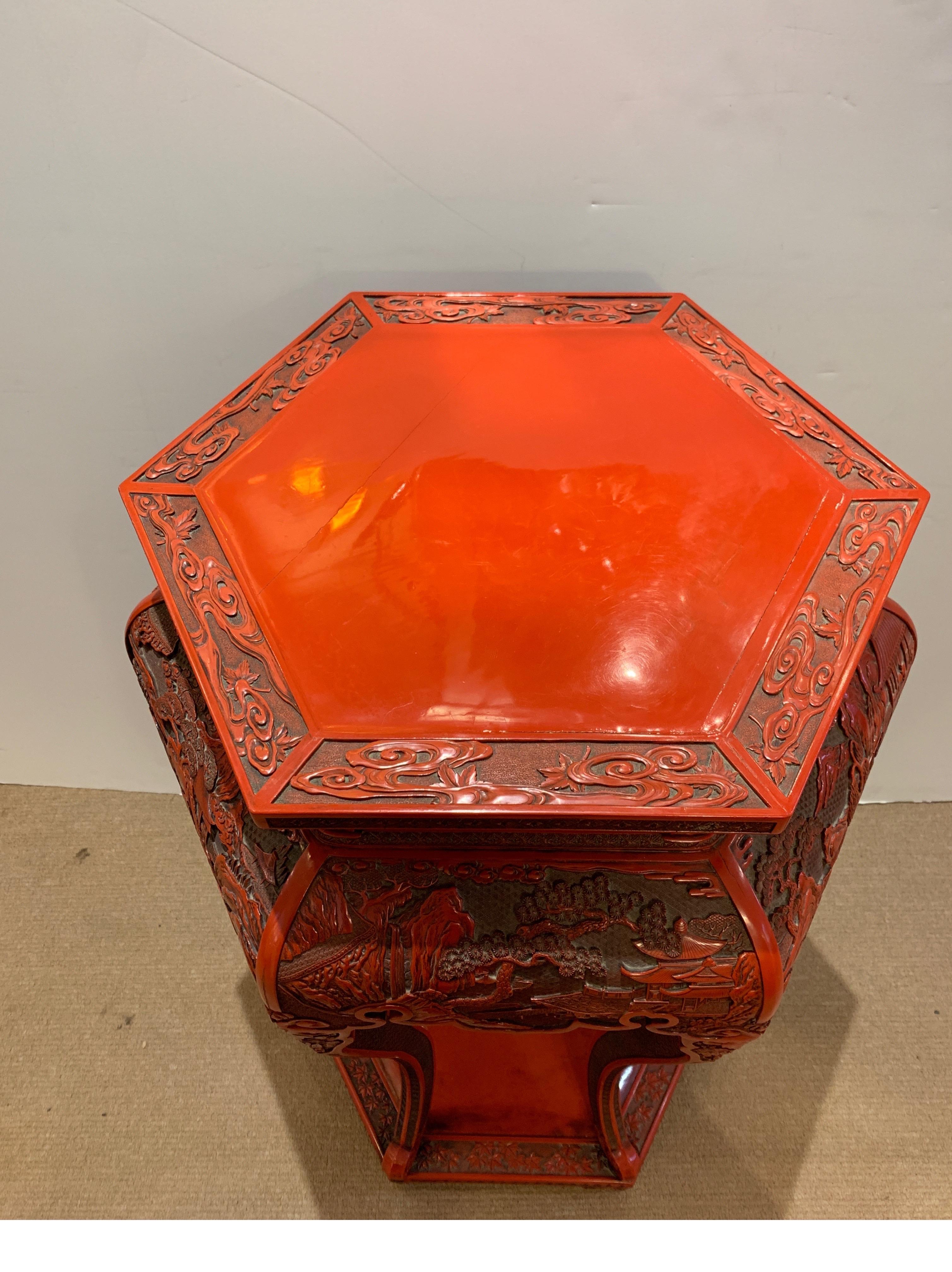 Post War Chines Red Lacquer Carved Wood Cinnabar Stand In Good Condition In Lambertville, NJ