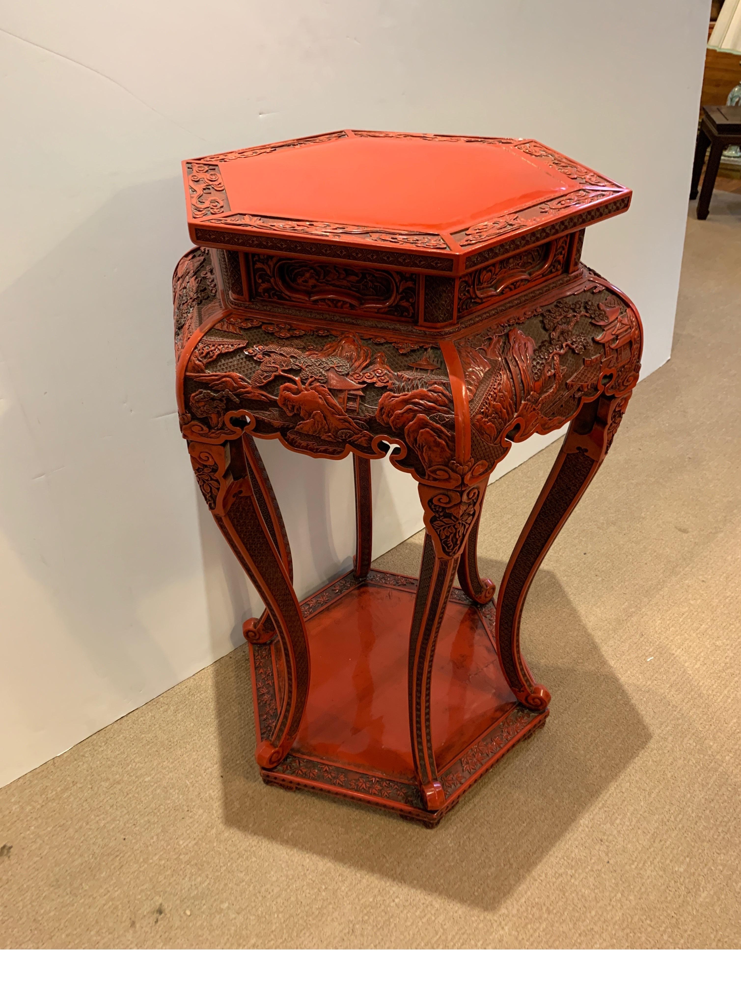 Mid-20th Century Post War Chines Red Lacquer Carved Wood Cinnabar Stand