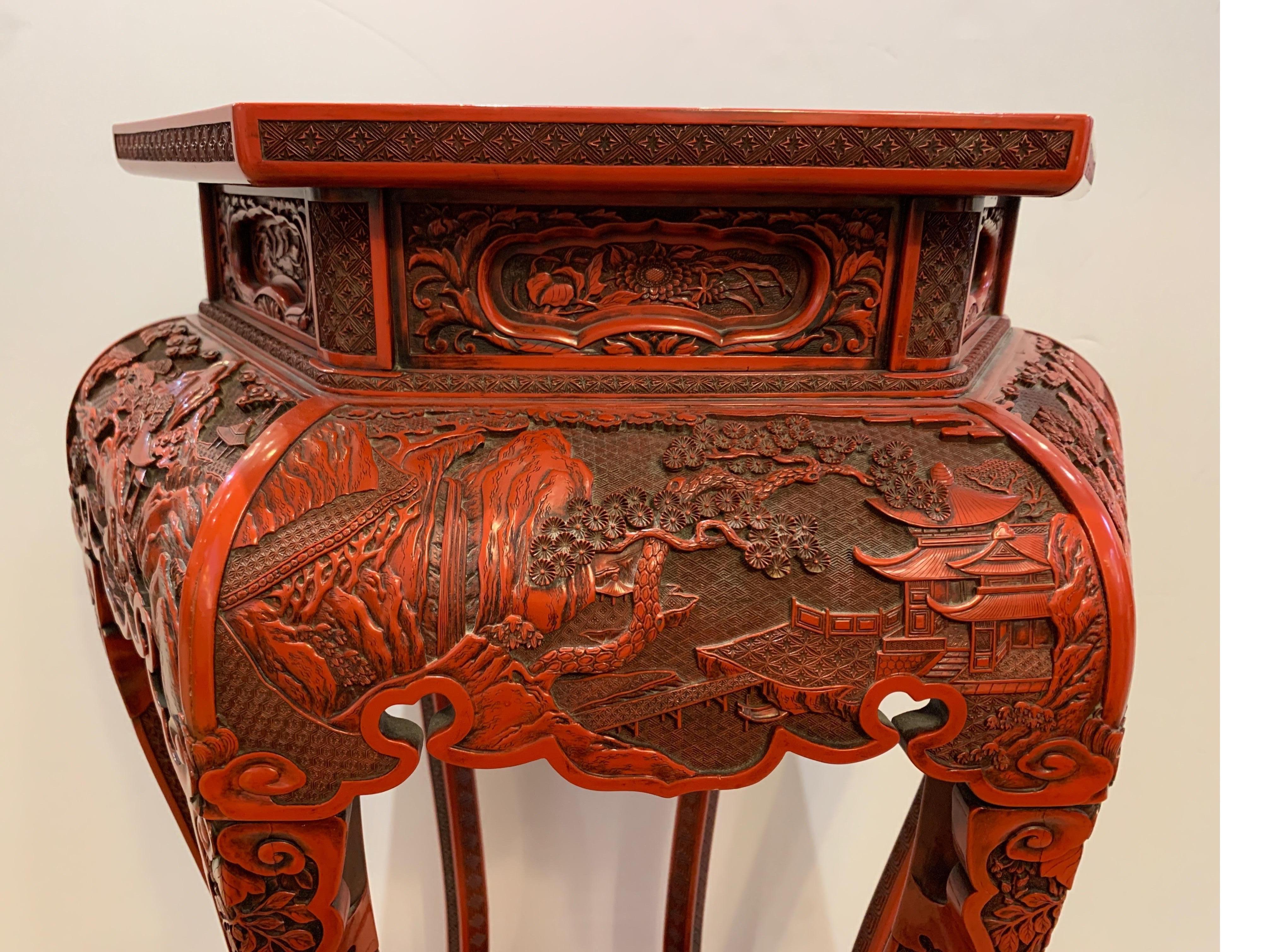 Hardwood Post War Chines Red Lacquer Carved Wood Cinnabar Stand