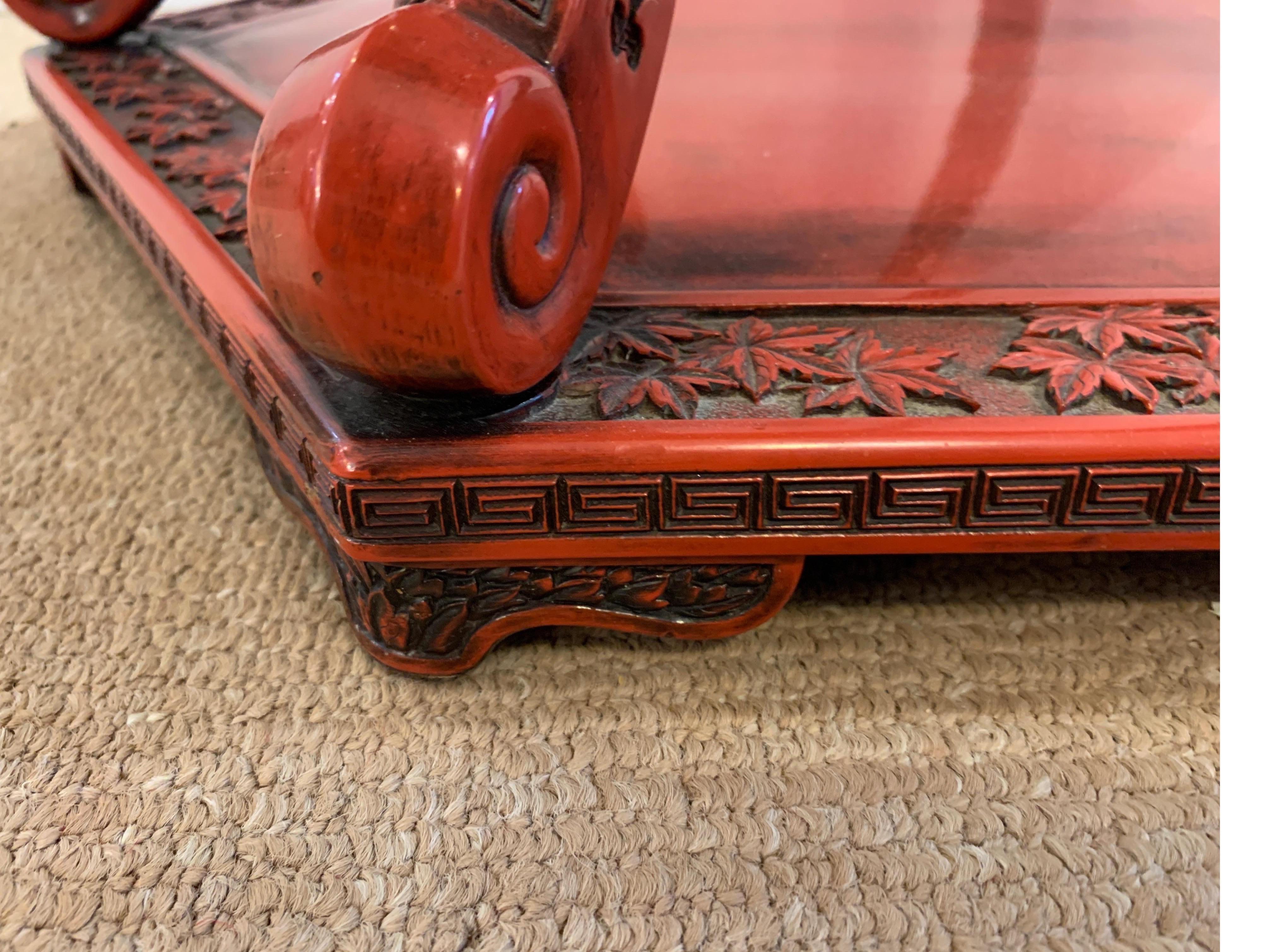 Post War Chines Red Lacquer Carved Wood Cinnabar Stand 1