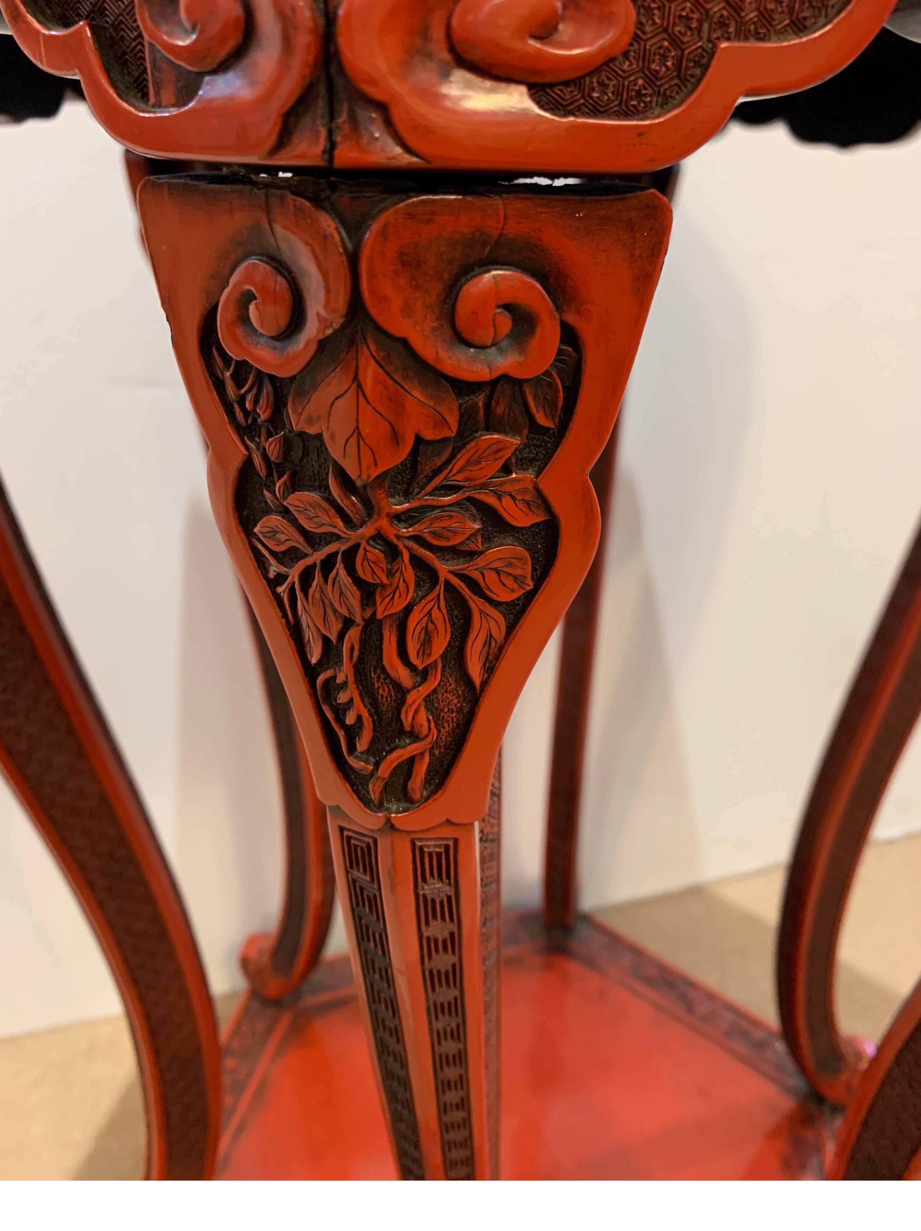 Post War Chines Red Lacquer Carved Wood Cinnabar Stand 2