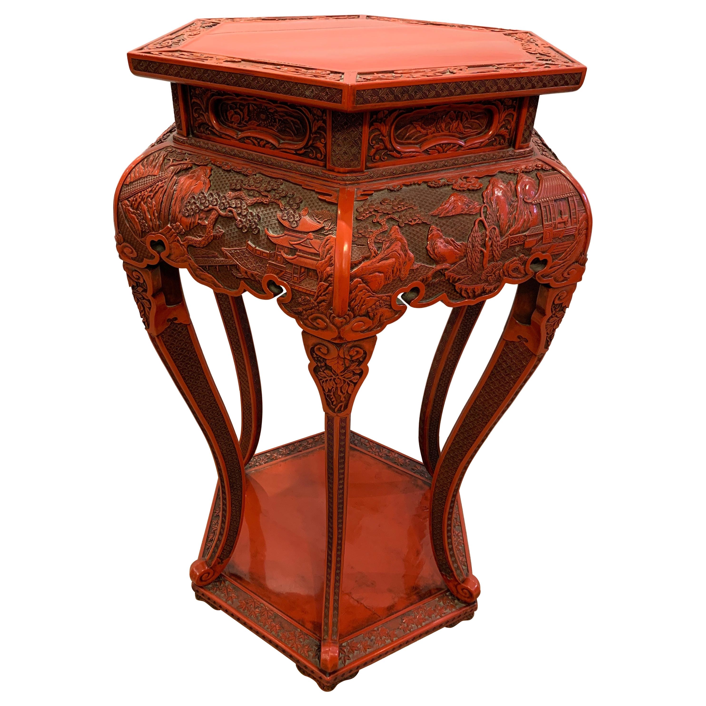 Post War Chines Red Lacquer Carved Wood Cinnabar Stand