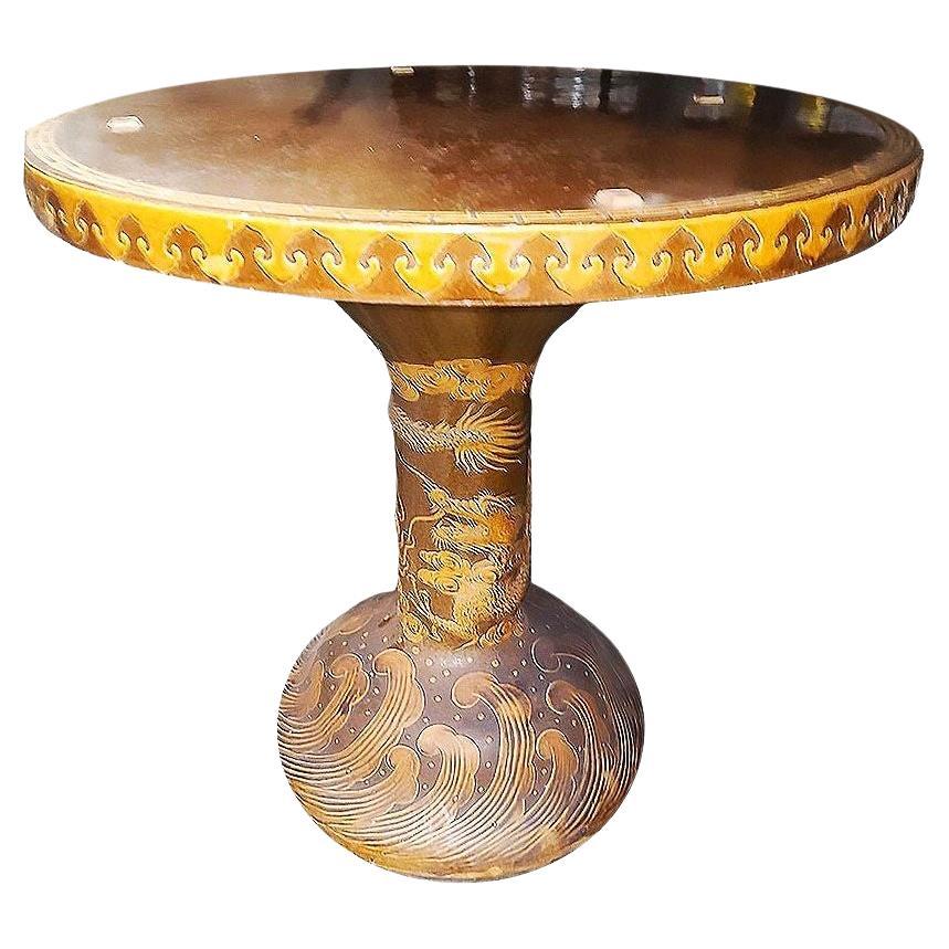 Post-war Chinese Dragon Glazed Art Pottery Pedestal Garden Patio Dining Table For Sale